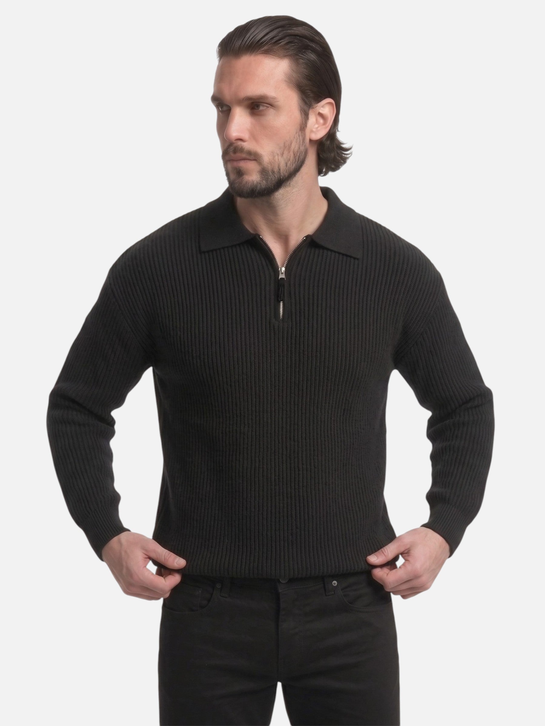 Pull Homme Col Polo Demi-Zip Maille Côtelée