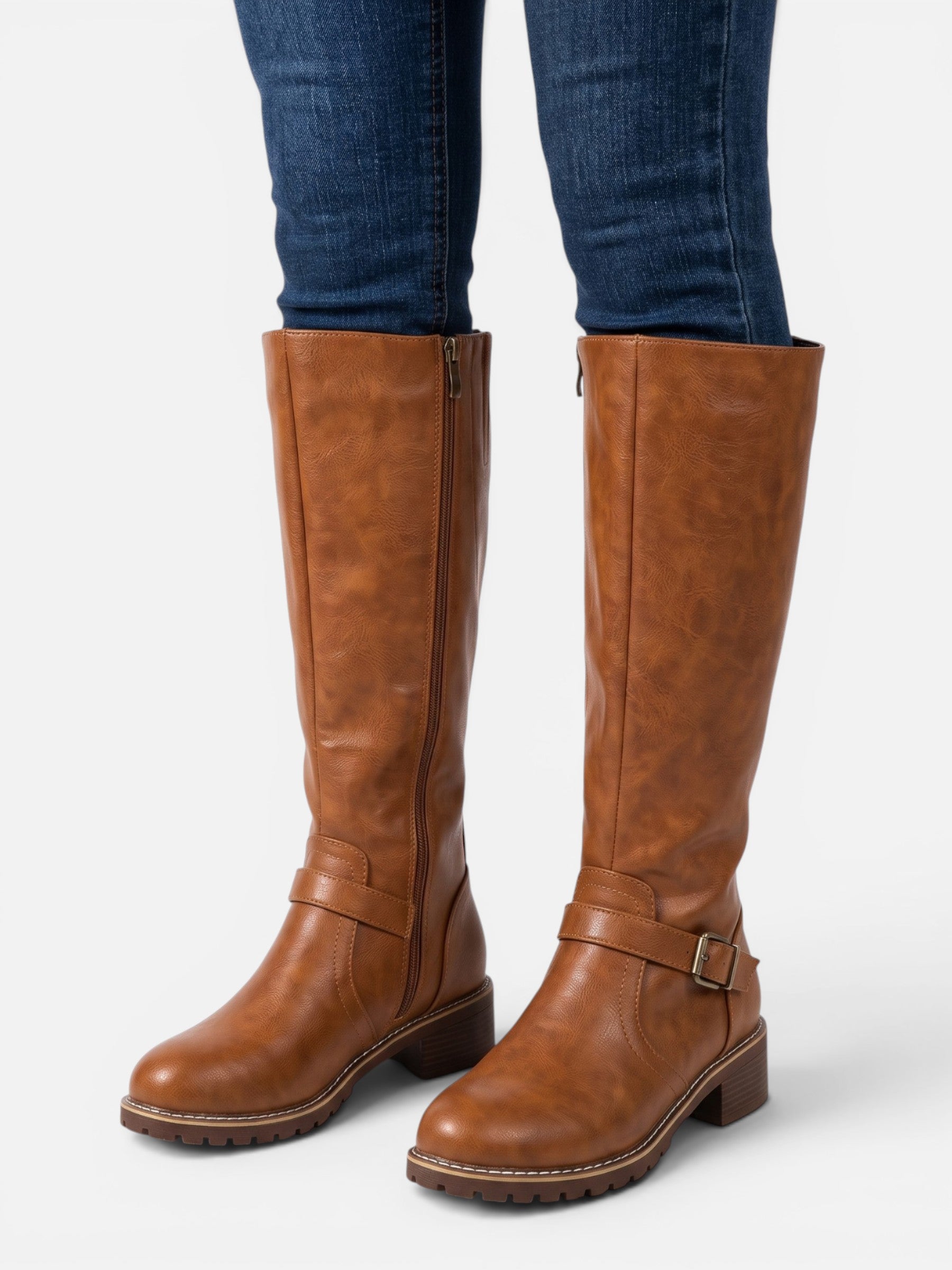 Bottes Femme Hautes en Cuir à Boucle et Zip