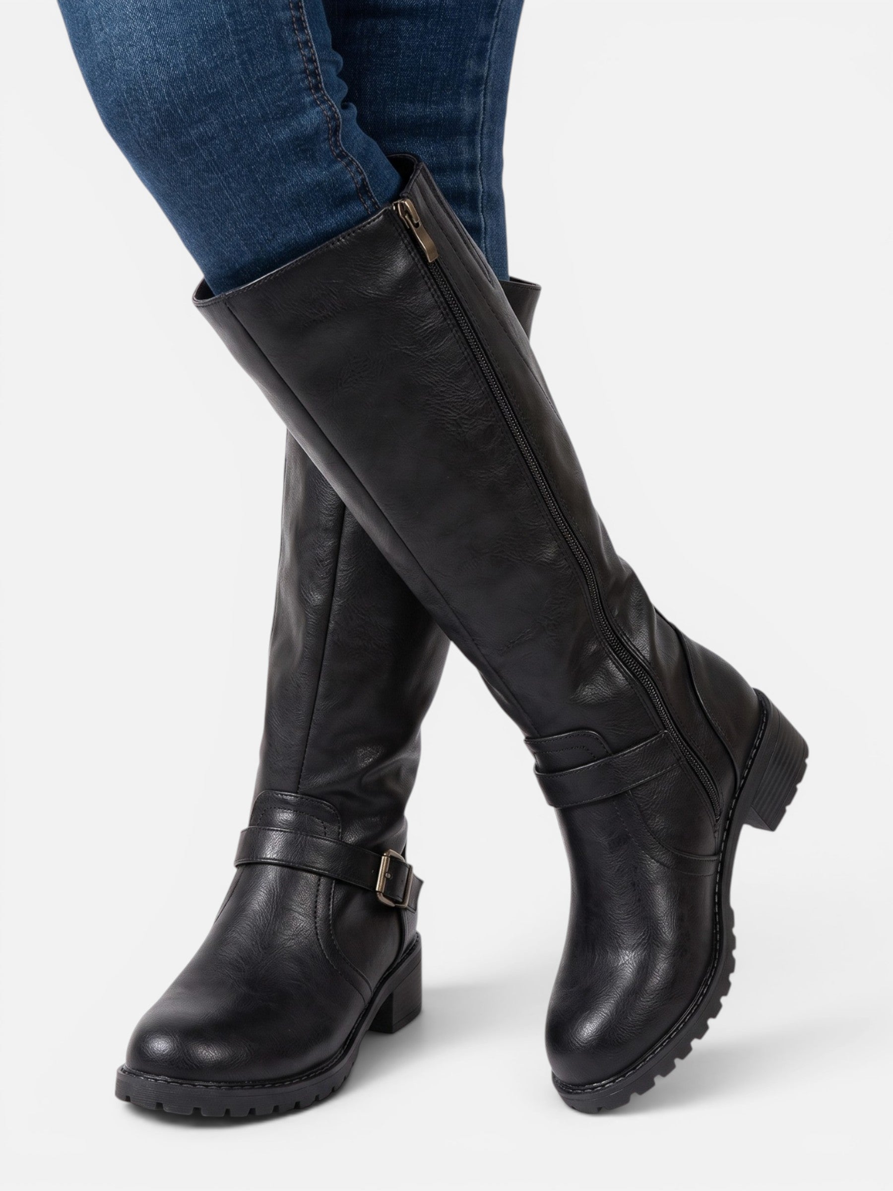 Bottes Femme Hautes en Cuir à Boucle et Zip