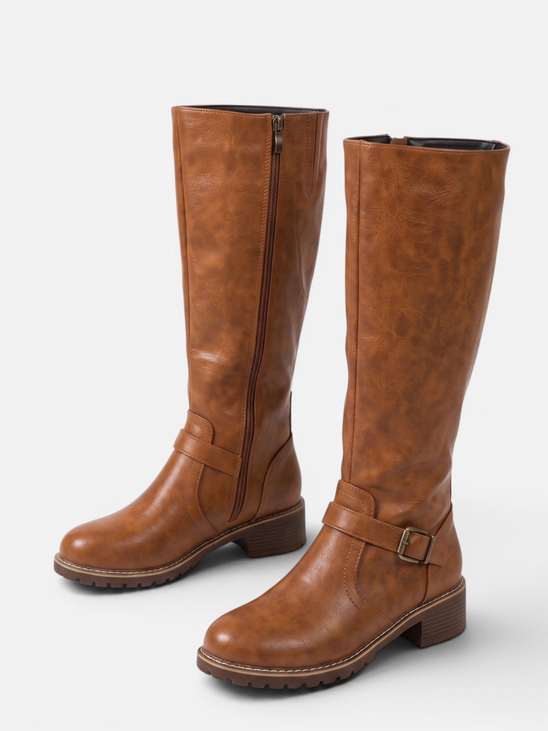 Bottes Femme Hautes en Cuir à Boucle et Zip