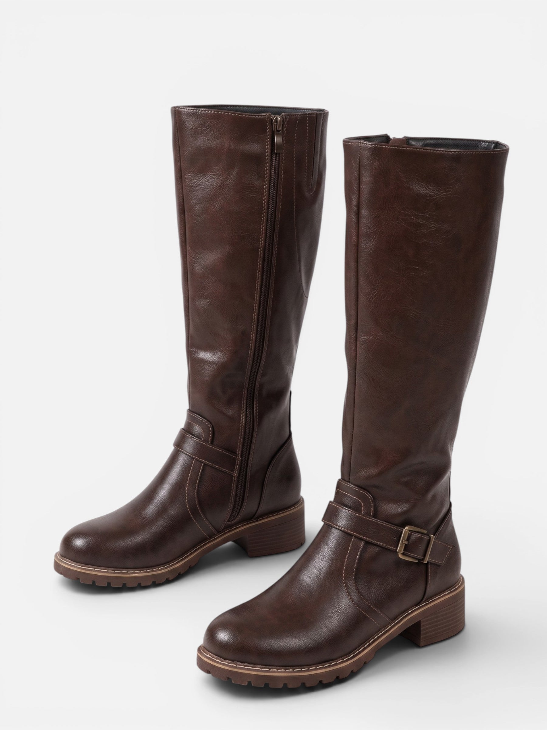 Bottes Femme Hautes en Cuir à Boucle et Zip