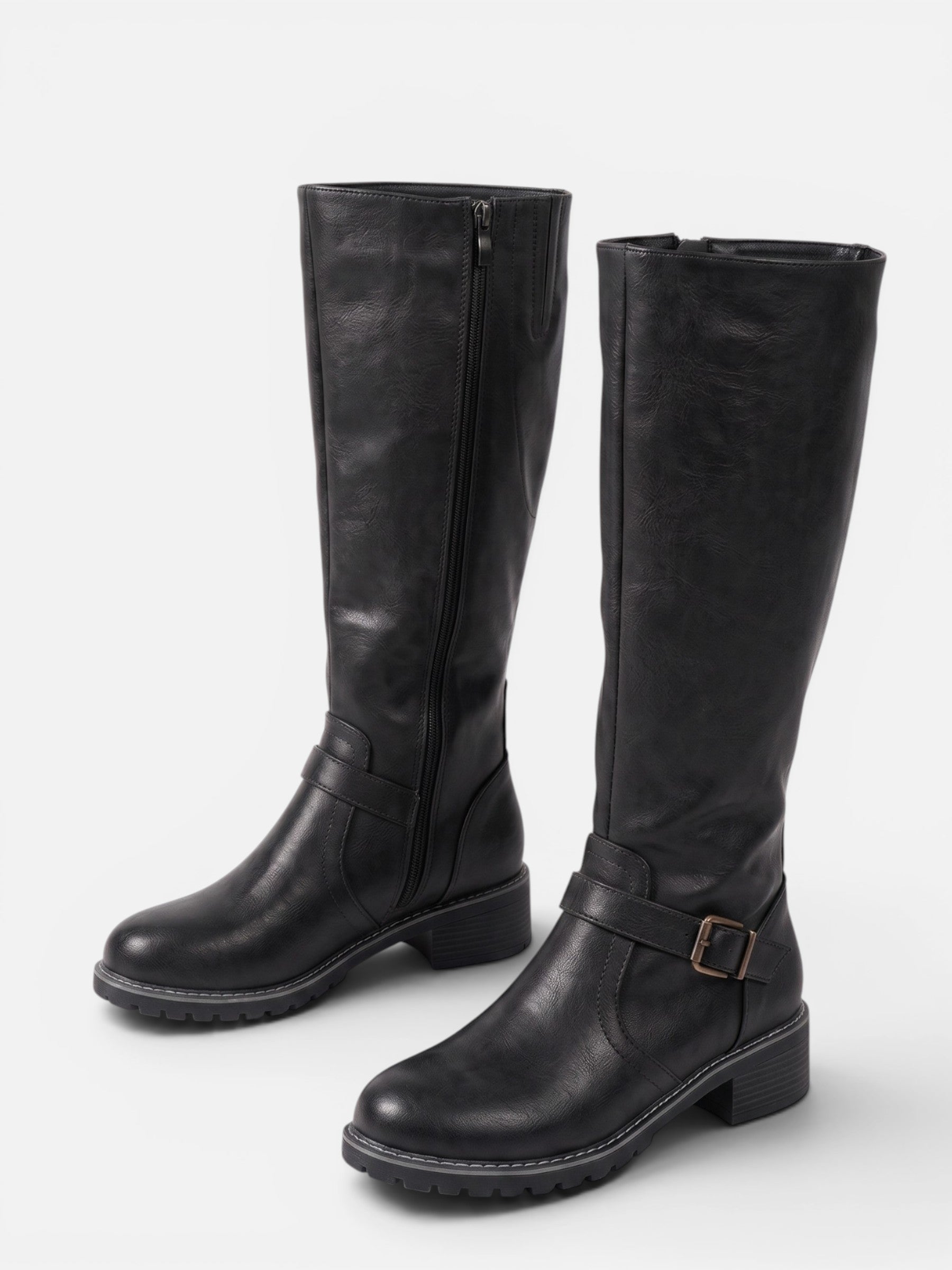 Bottes Femme Hautes en Cuir à Boucle et Zip