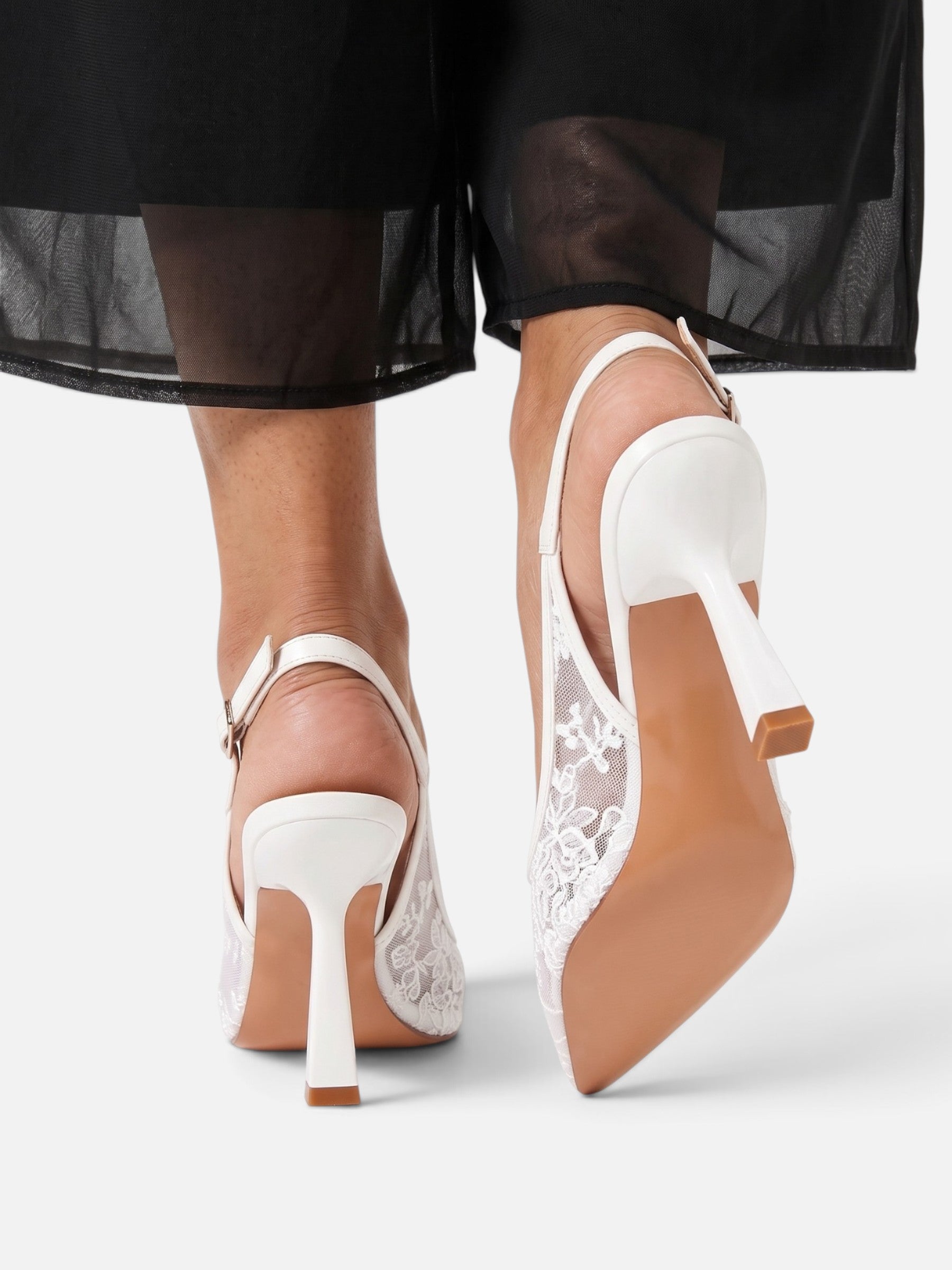 Escarpins Femme Dentelle Fleurie Slingback Bout Pointu