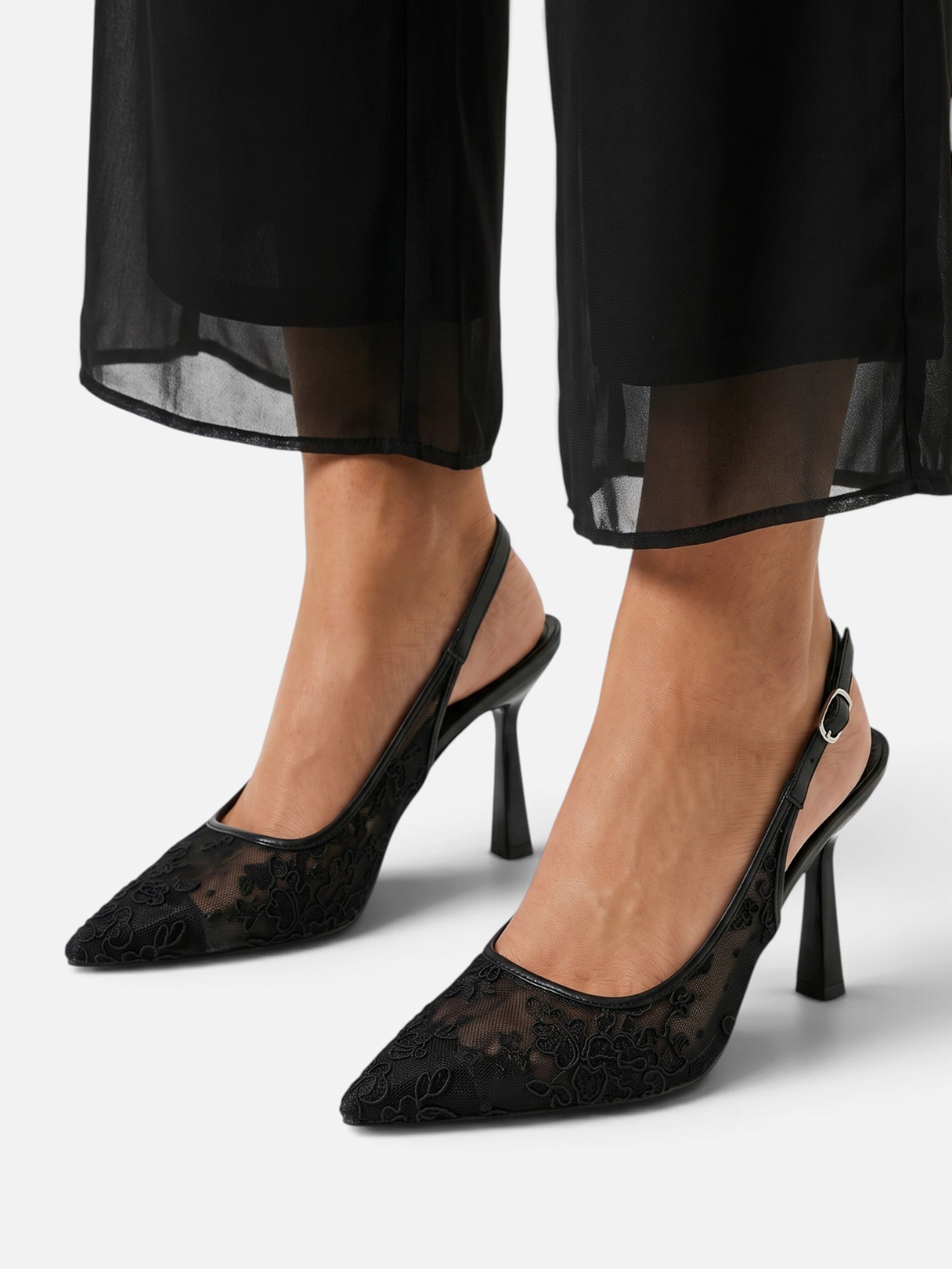 Escarpins Femme Dentelle Fleurie Slingback Bout Pointu