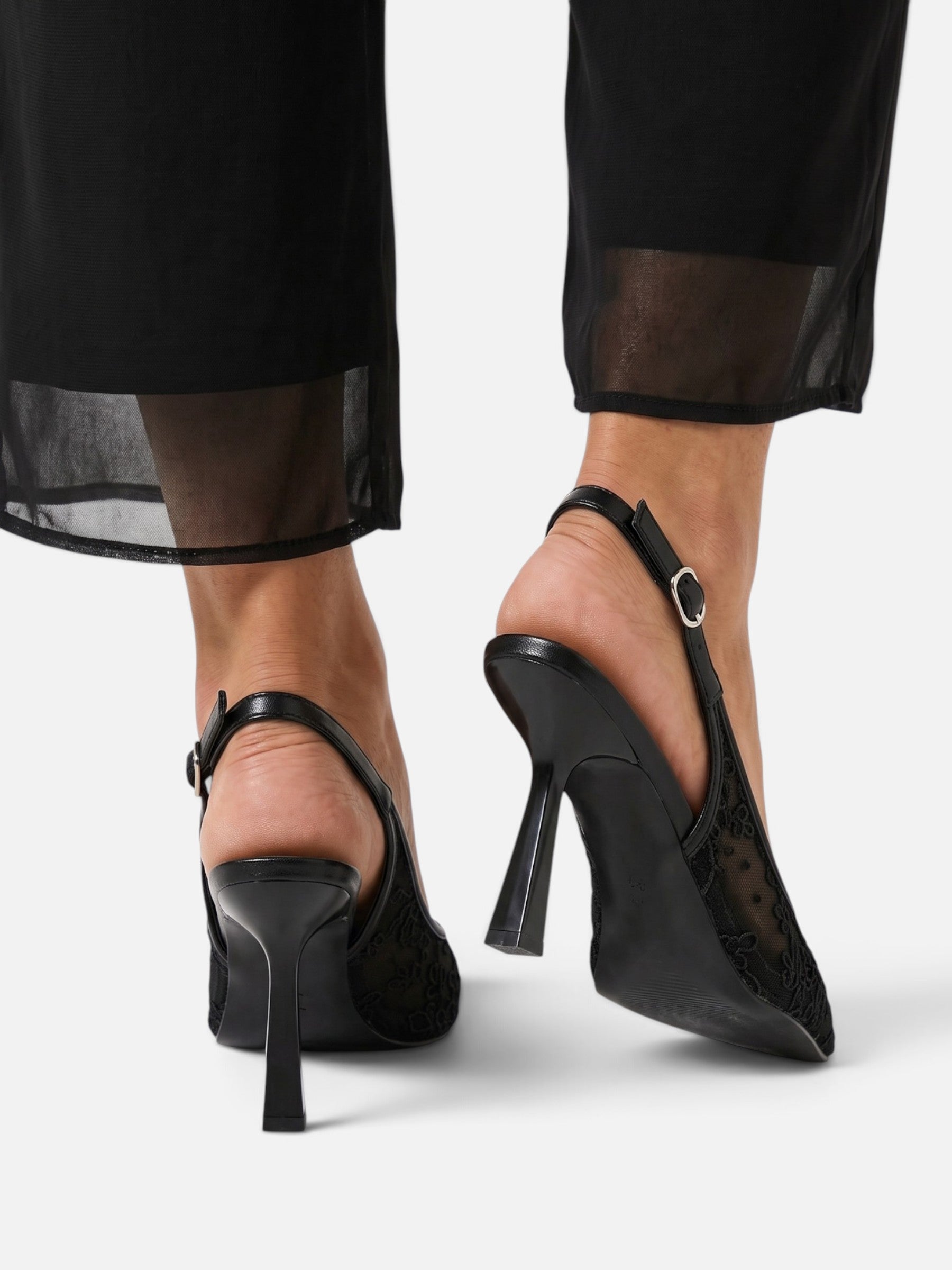 Escarpins Femme Dentelle Fleurie Slingback Bout Pointu