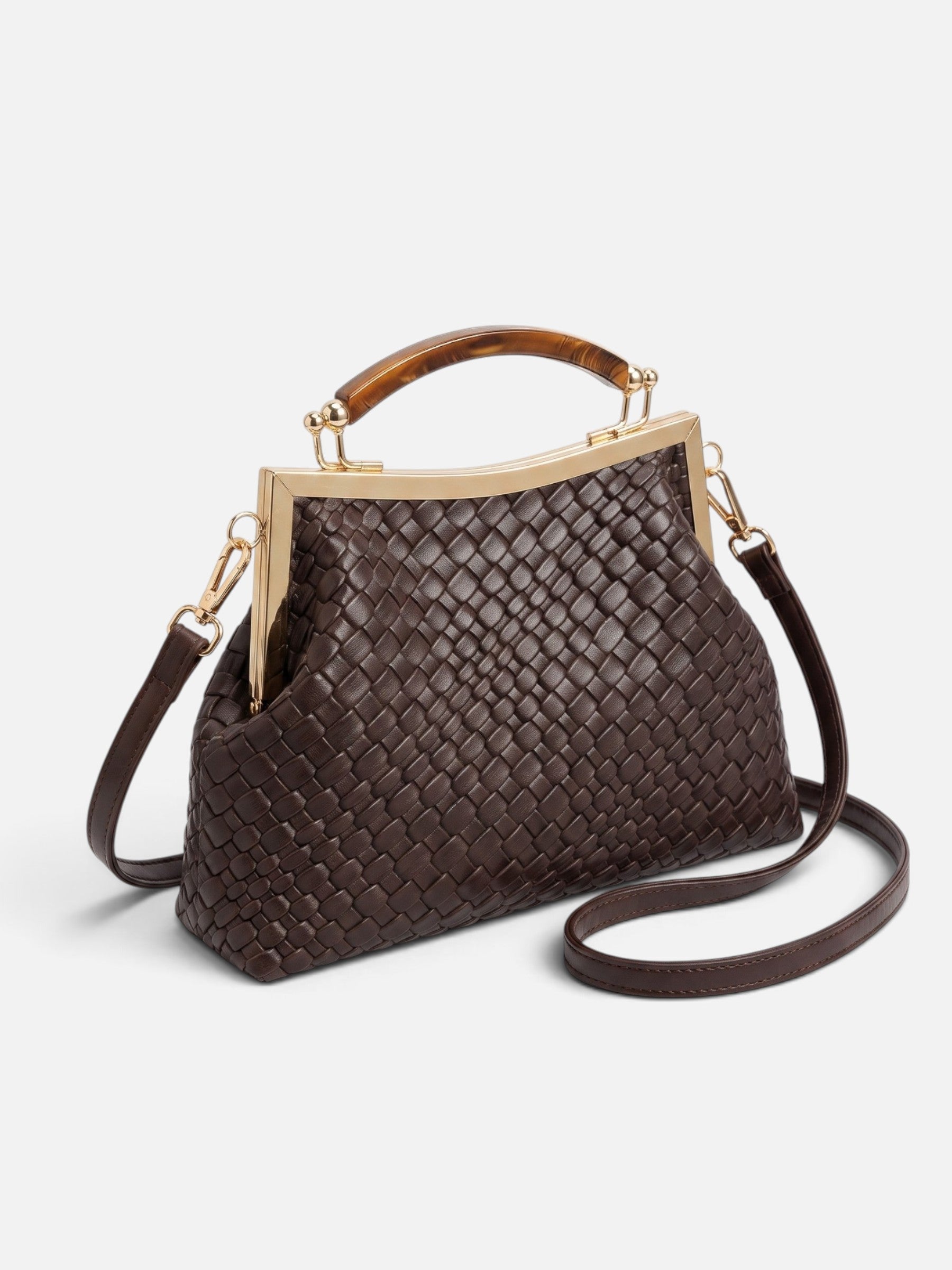 Sac Femme Bandoulière Tressé Effet Cuir Fermoir Doré