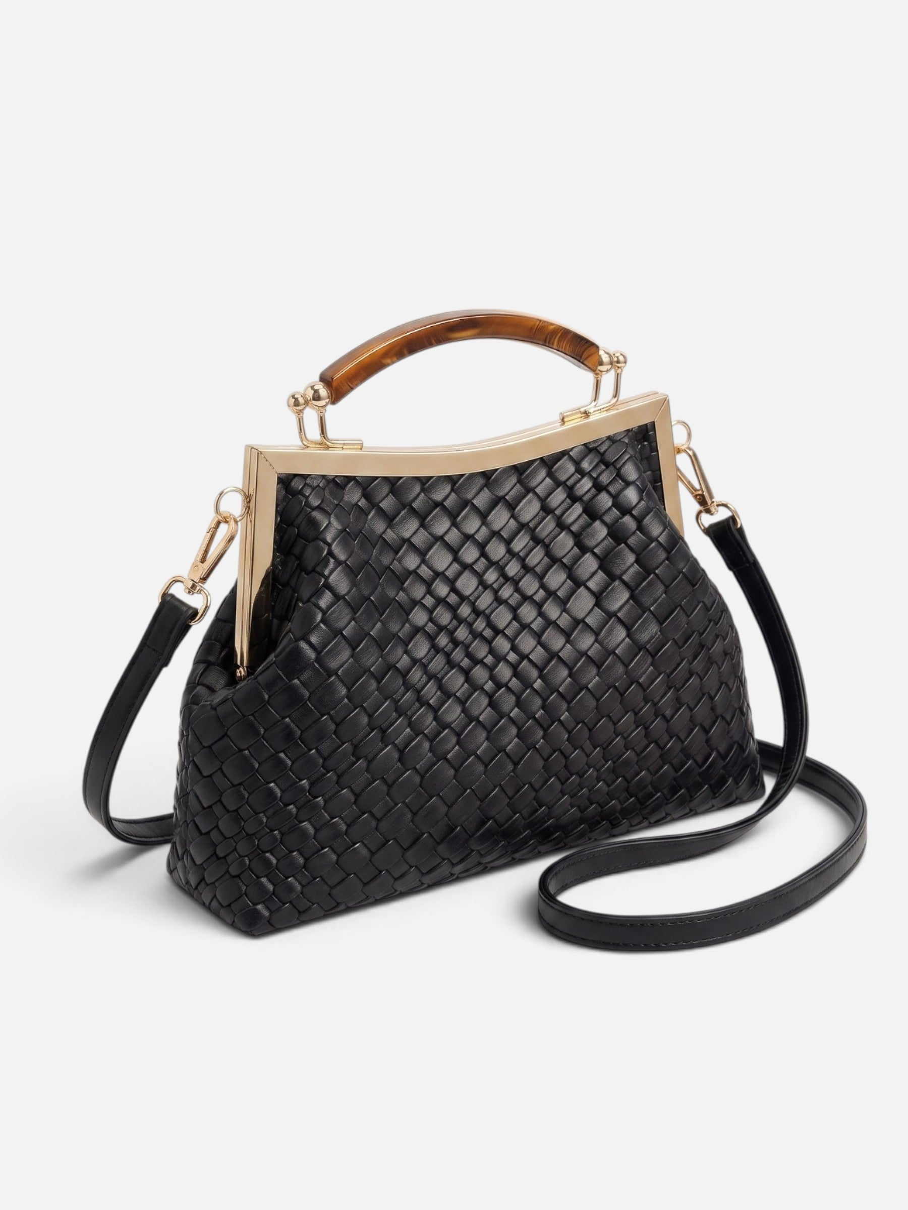 Sac Femme Bandoulière Tressé Effet Cuir Fermoir Doré