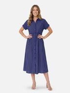 Vestido camisa midi a rayas – cuello de camisa y corte evasé