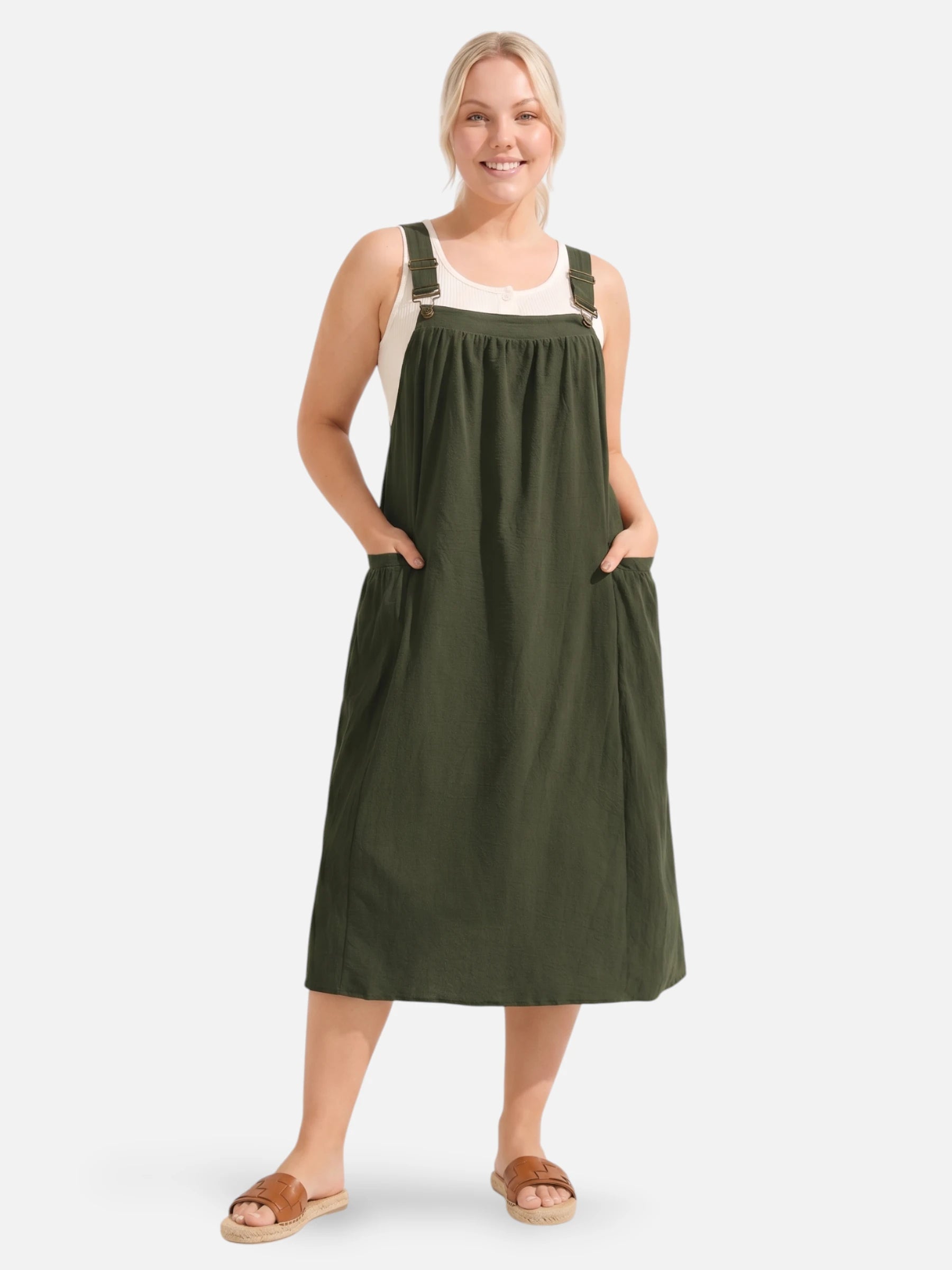 Vestido tipo peto midi – tirantes ajustables y bolsillos laterales