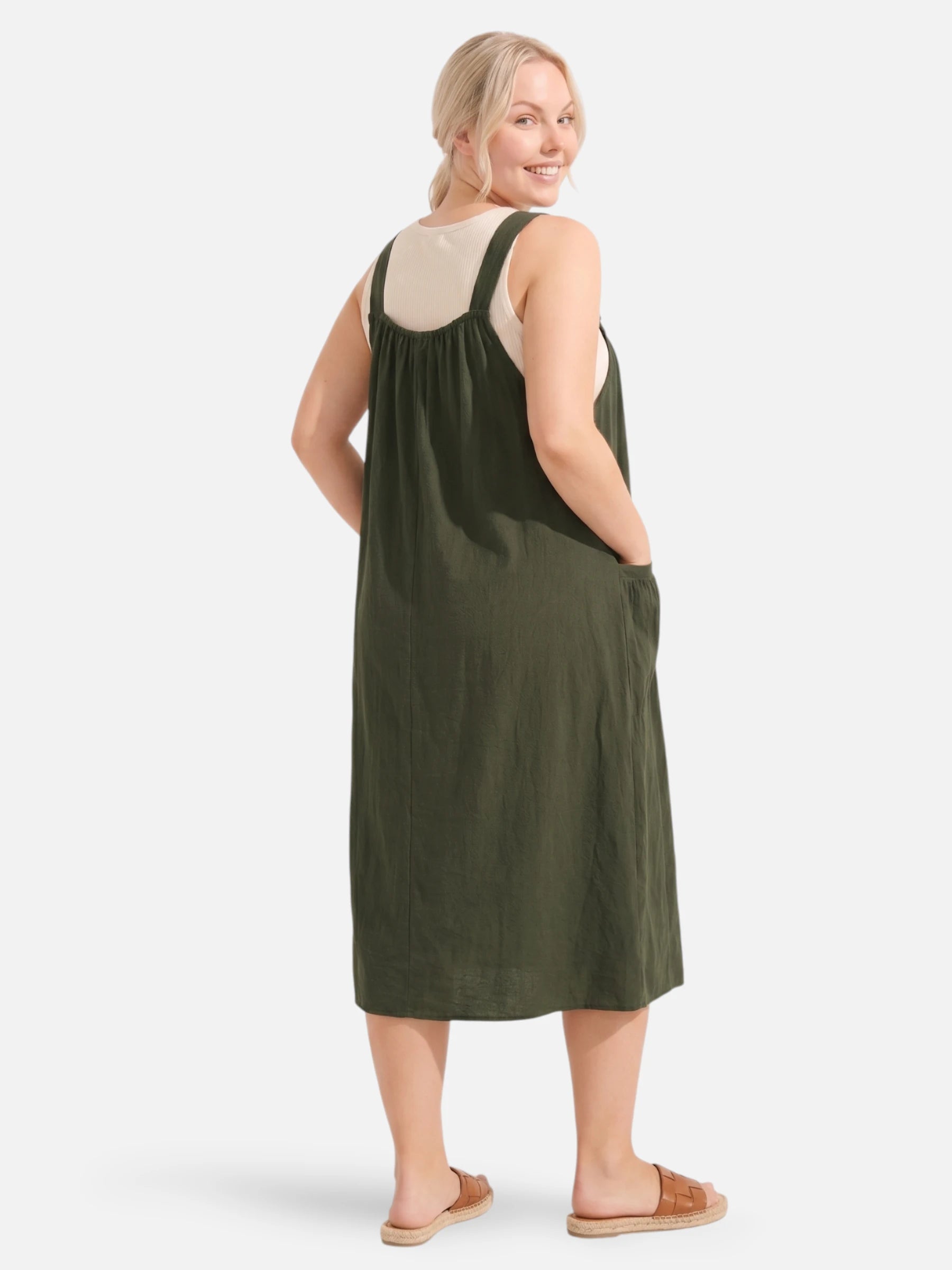 Robe chasuble midi – bretelles réglables et poches latérales