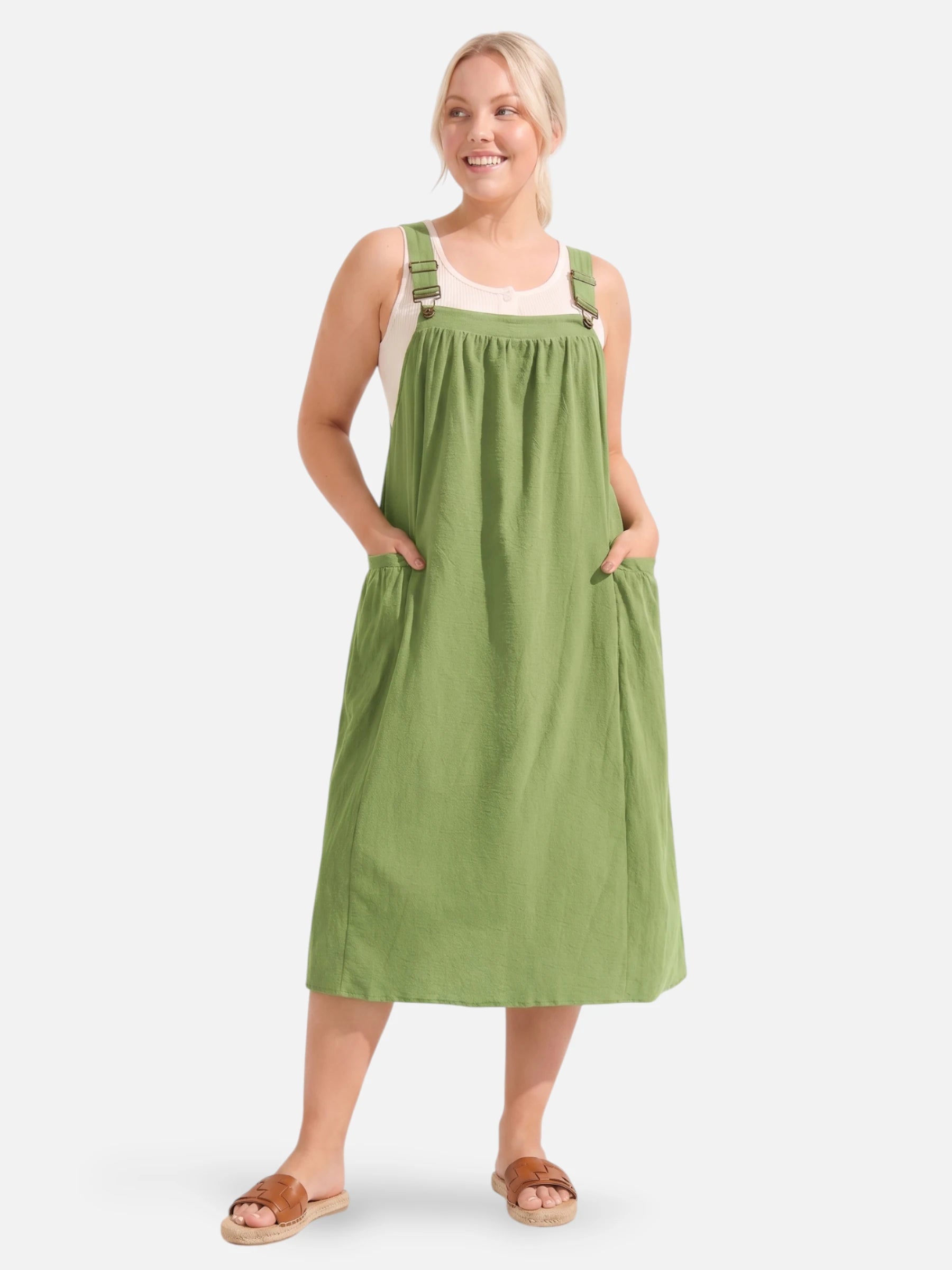 Robe chasuble midi – bretelles réglables et poches latérales