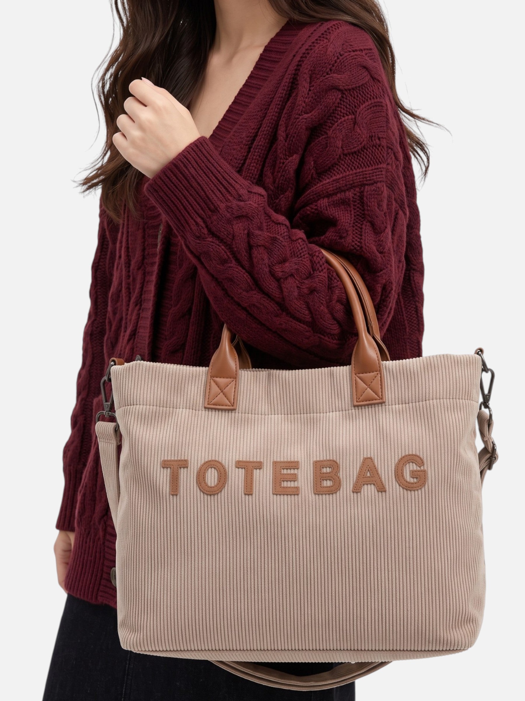 Sac Cabas Femme Velours Côtelé À Lettrage