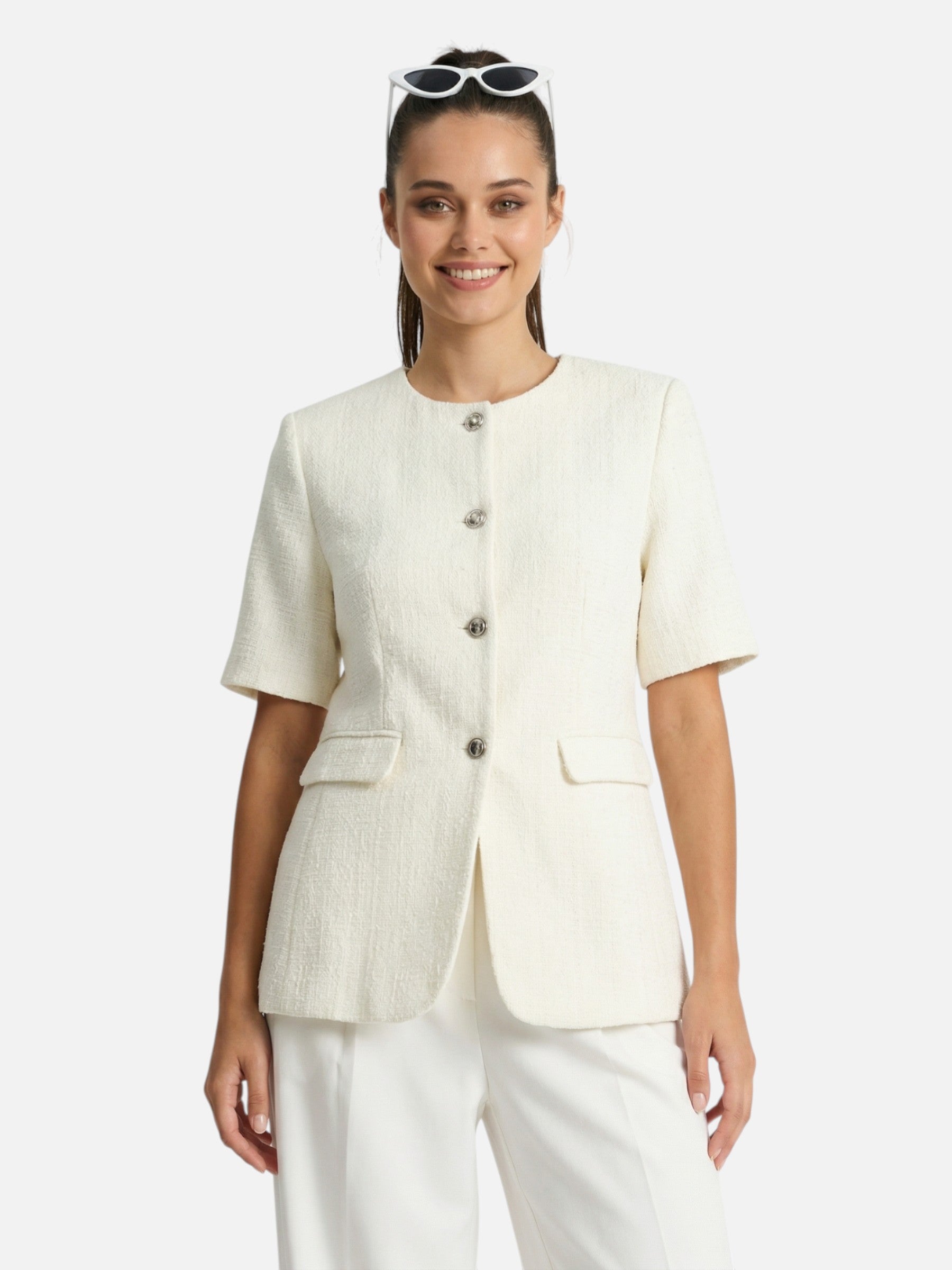 Blazer de mujer texturizado de manga corta abotonado – chic y elegante