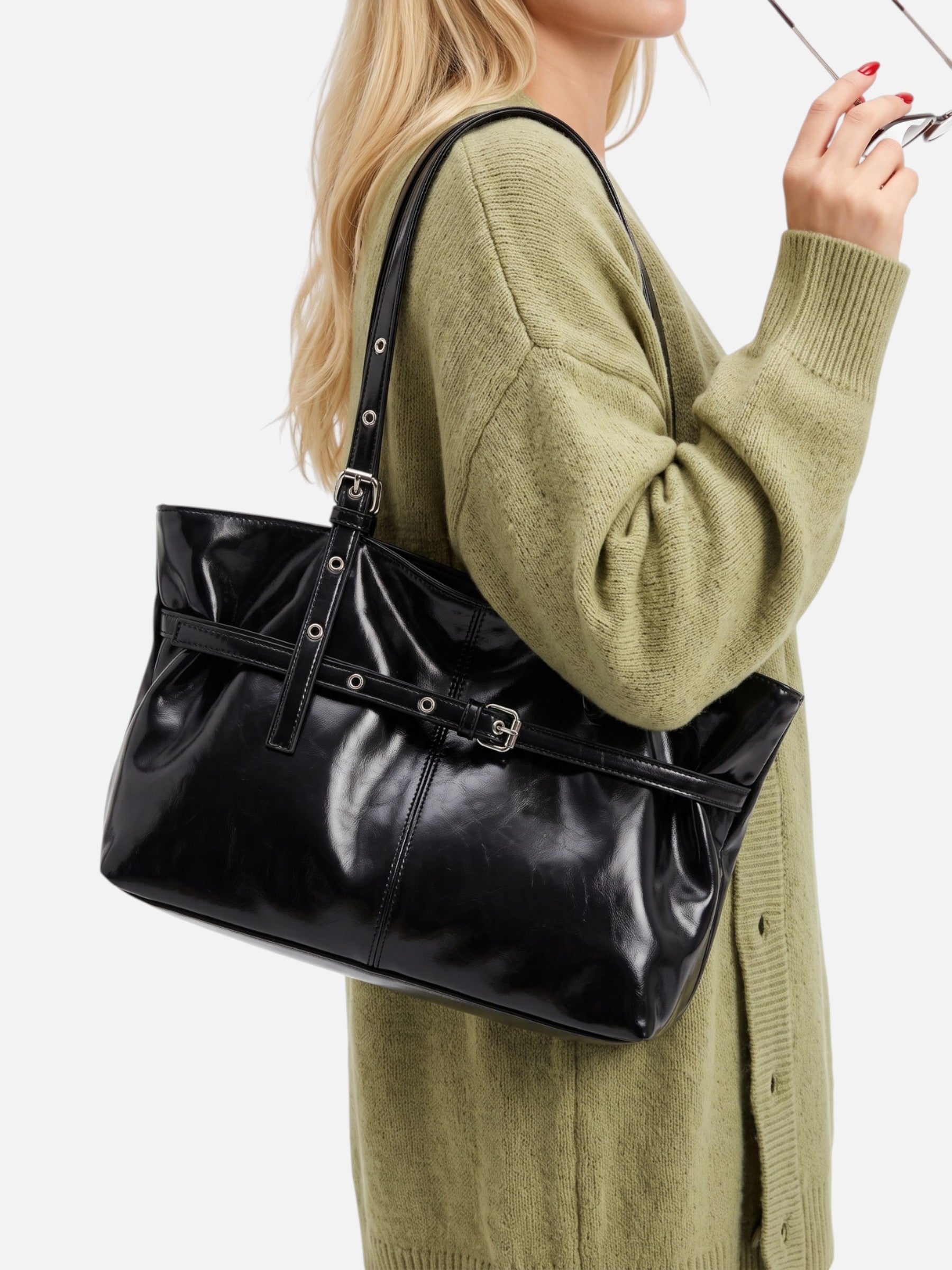 Sac Cabas Femme Ceinturé Cuir Vegan Verni