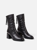 Bottines Femme en Cuir à Talon Carré et Pompon