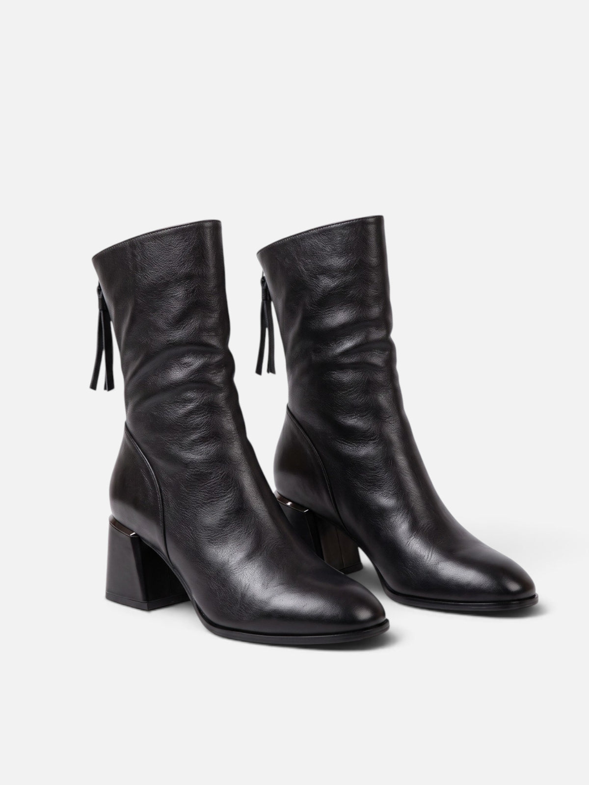 Bottines Femme en Cuir à Talon Carré et Pompon