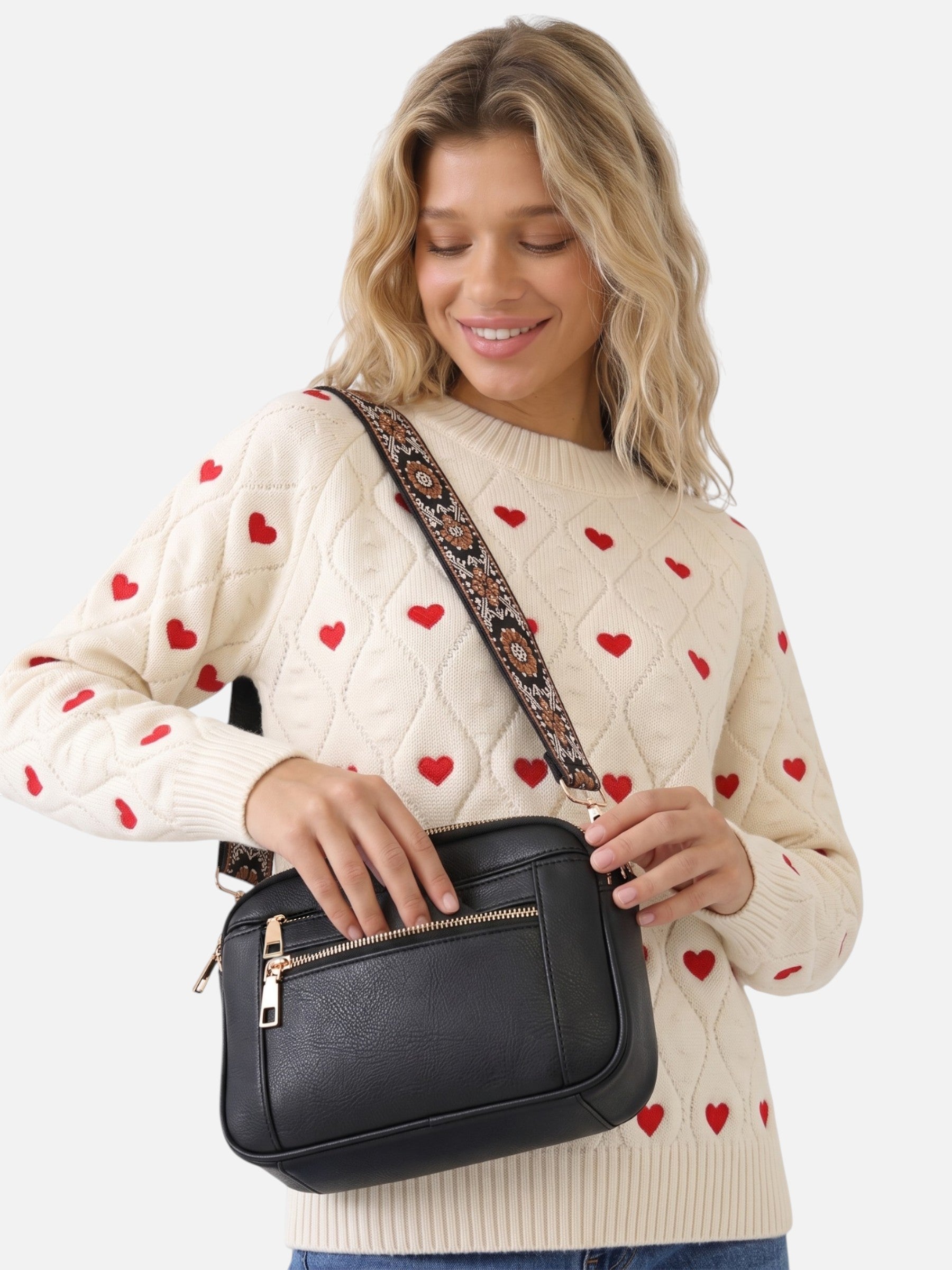 Sac Bandoulière Femme en Cuir à Sangle Brodée