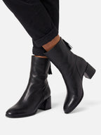 Bottines Femme en Cuir à Talon Carré et Pompon