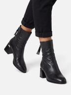 Bottines Femme en Cuir à Talon Carré et Pompon