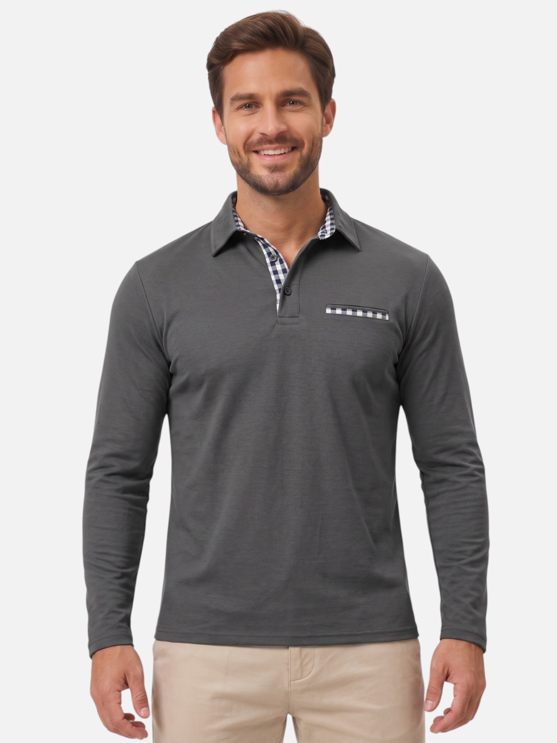 Polo Homme Manches Longues à Détails Vichy