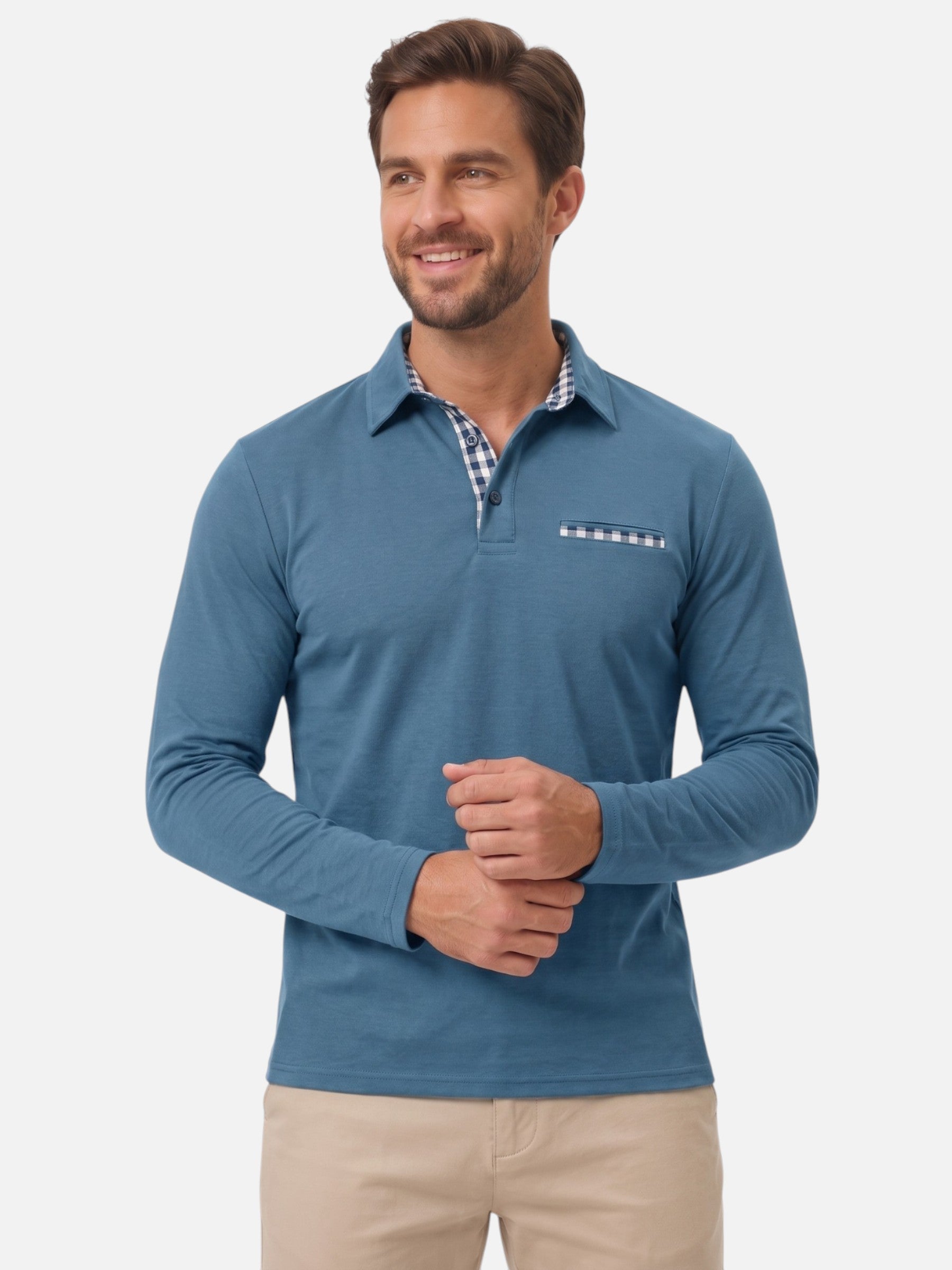 Polo Homme Manches Longues à Détails Vichy