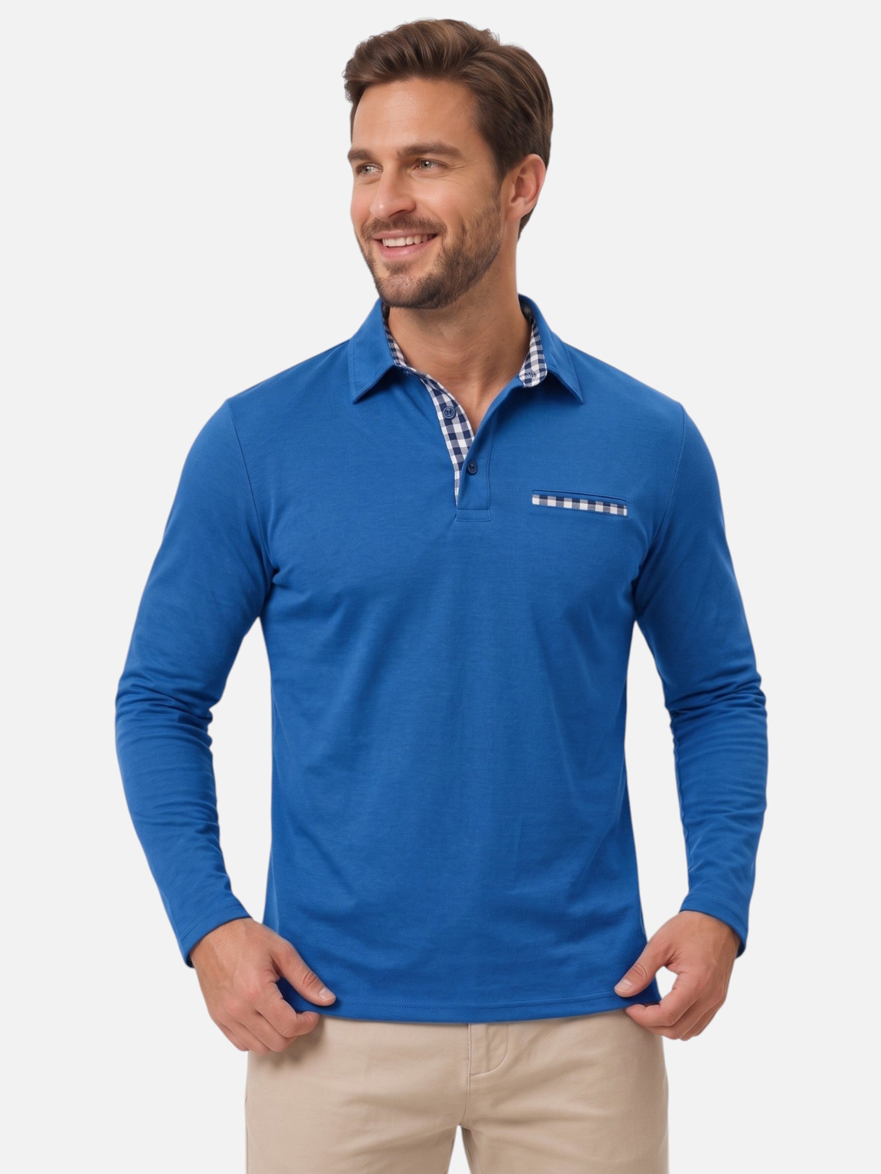 Polo Homme Manches Longues à Détails Vichy