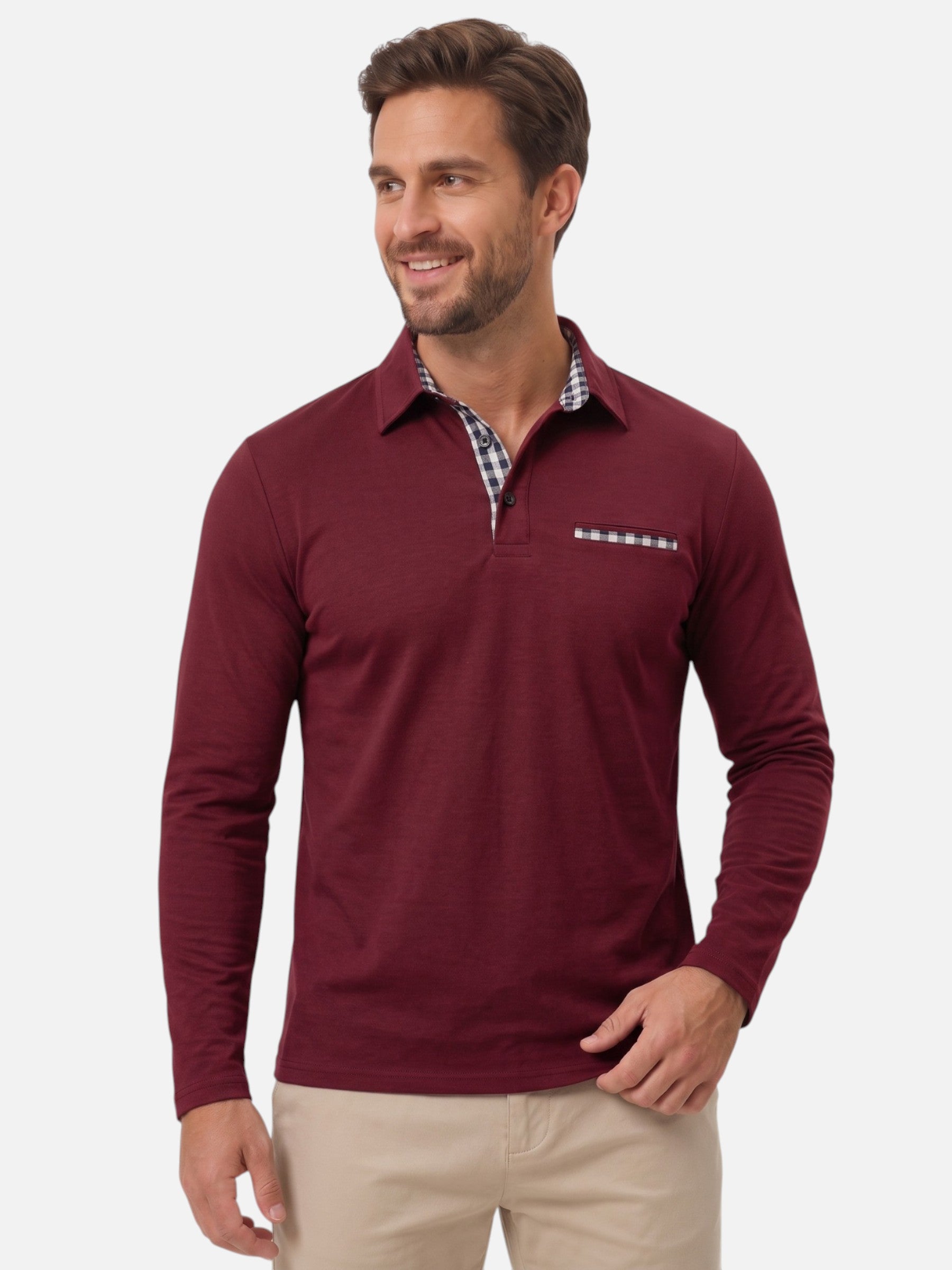 Polo Homme Manches Longues à Détails Vichy