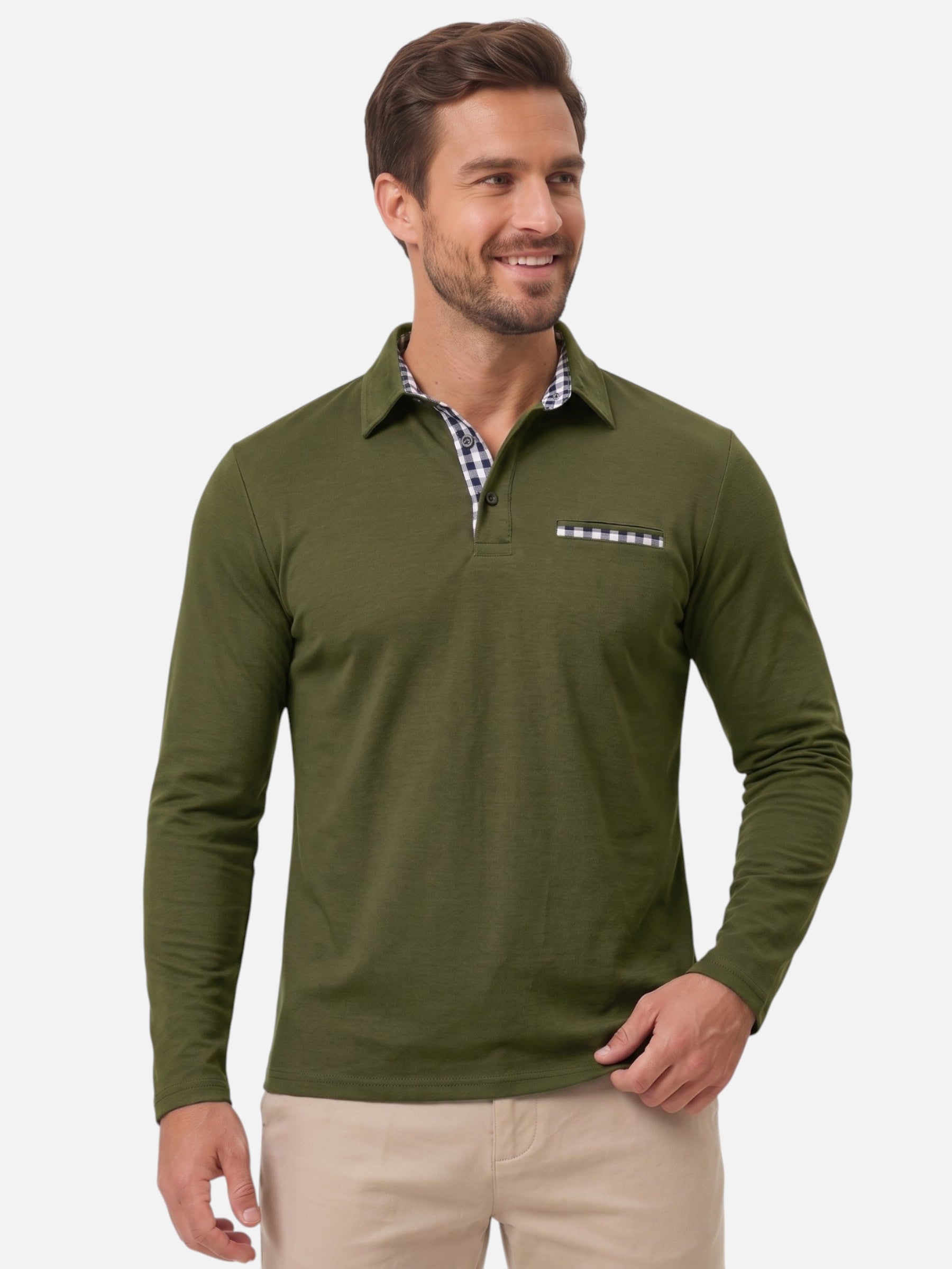 Polo Homme Manches Longues à Détails Vichy