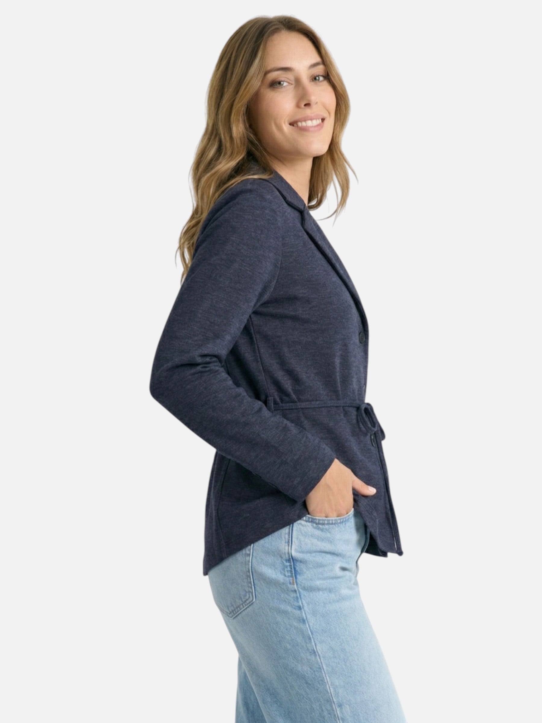 Navy blue women's blazer with belt – modern and refined style