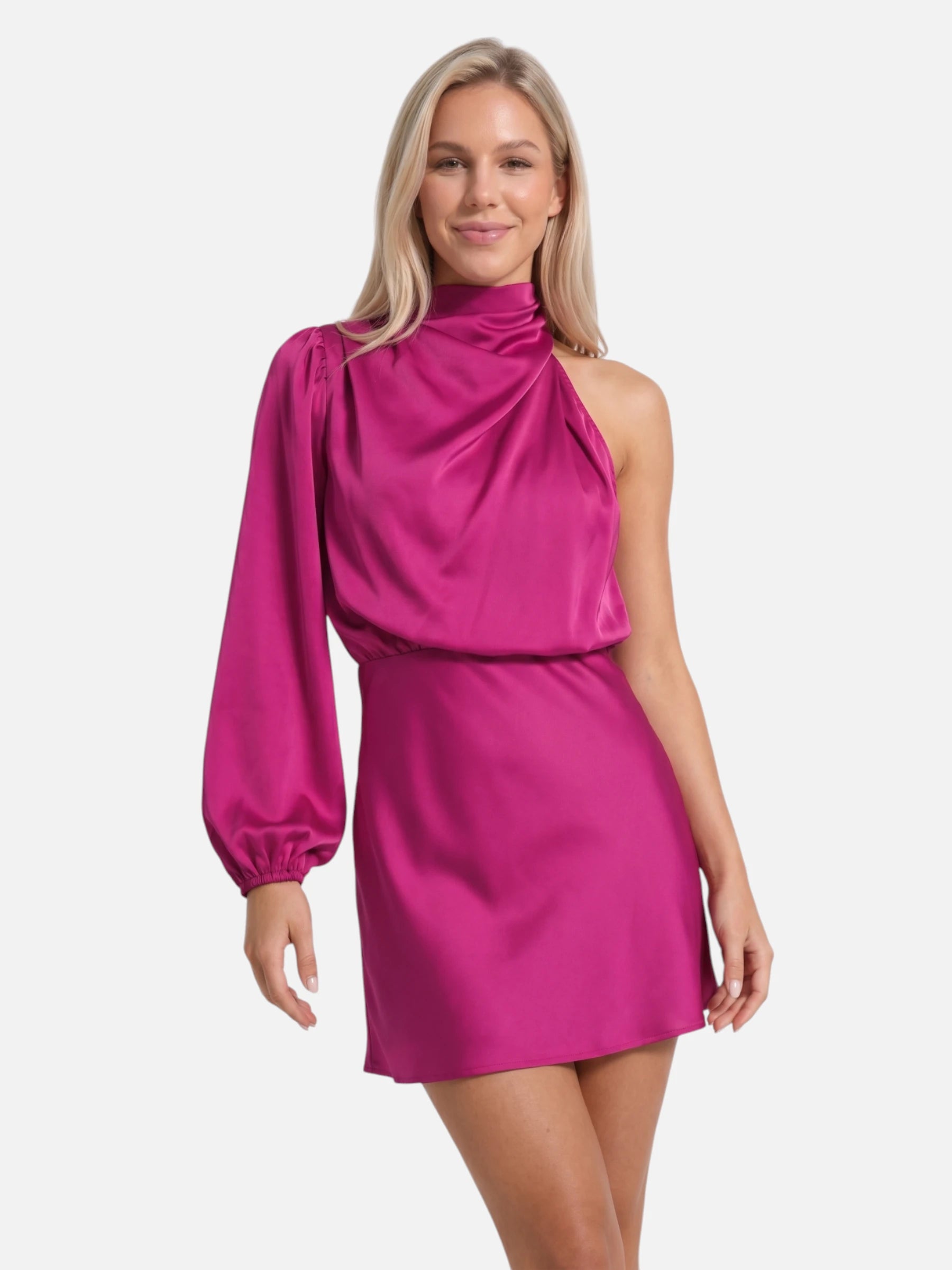 Robe mini satin col montant – coupe asymétrique et épaule dénudée