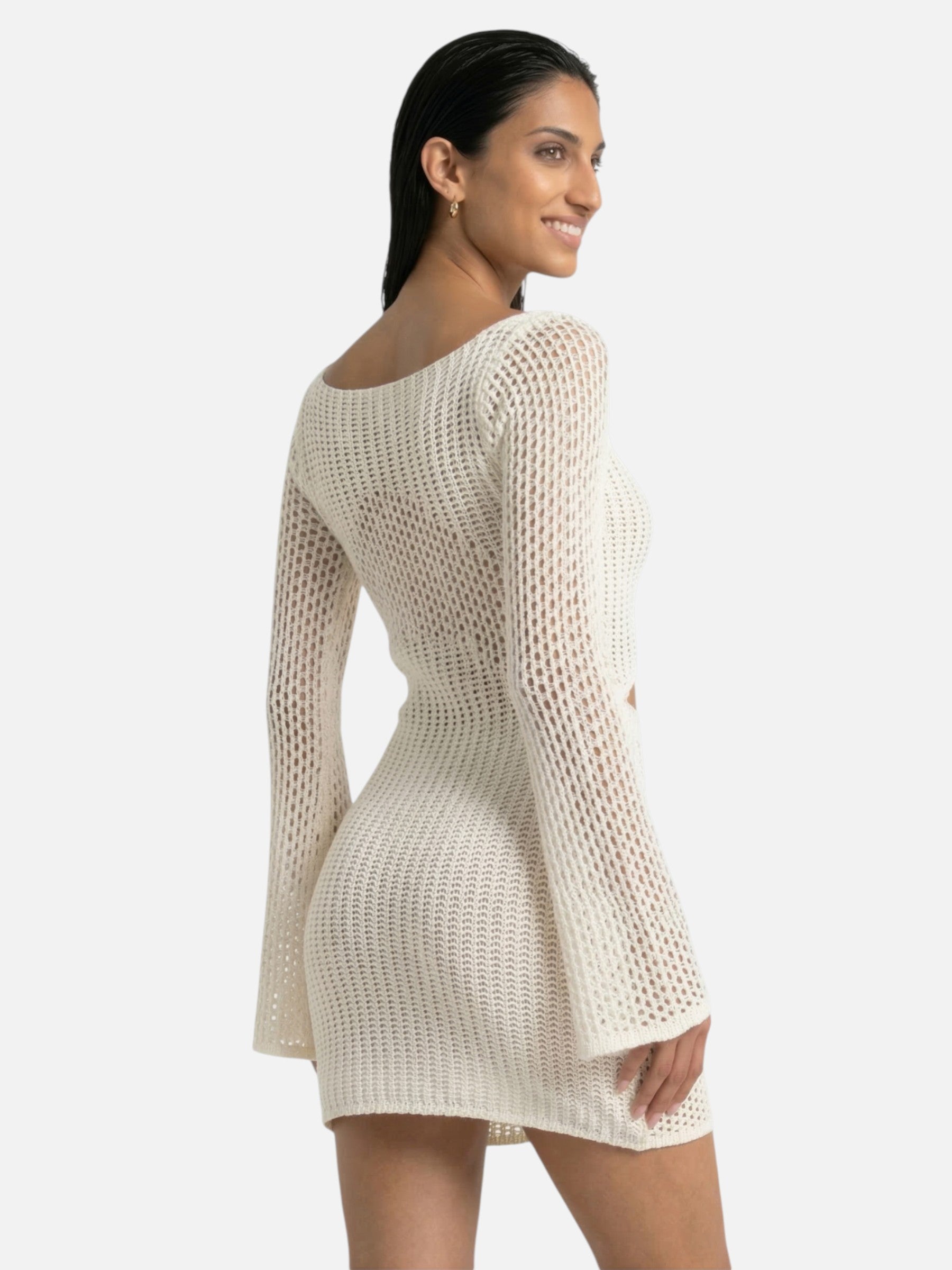Robe de plage en crochet ajouré à manches longues pour femme