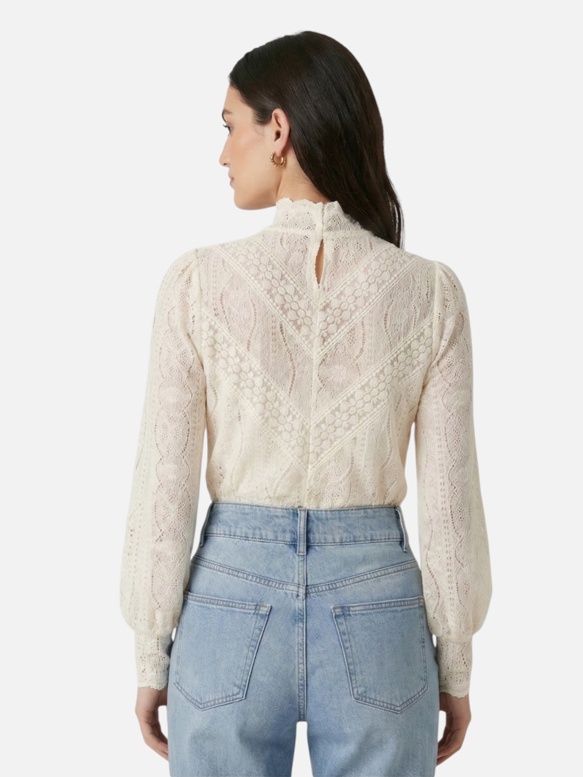 Blouse en dentelle à col montant et manches longues pour femme