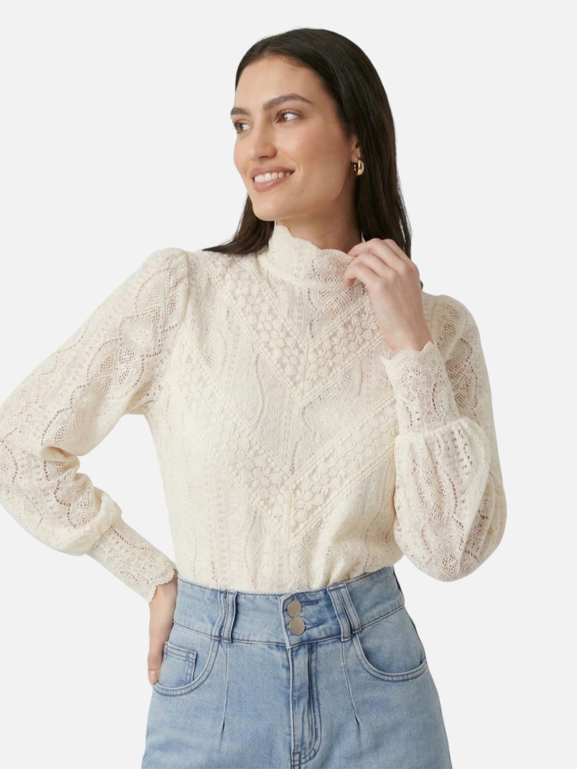 Blouse en dentelle à col montant et manches longues pour femme