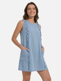 Women's Sleeveless Ruffle Trim Mini Shift Dress