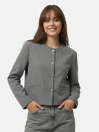 Gray collarless buttoned women's blazer with short elegant cut