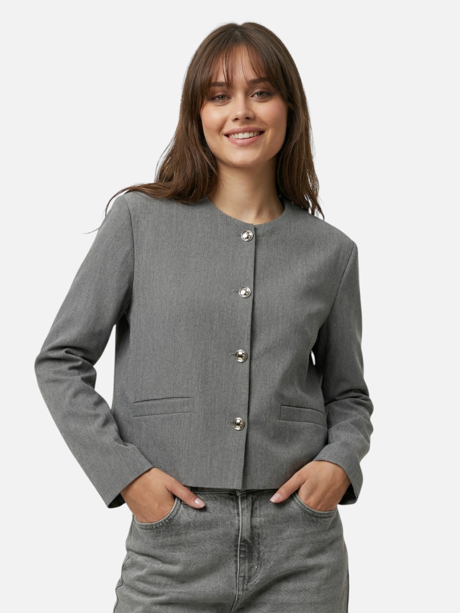 Gray collarless buttoned women's blazer with short elegant cut