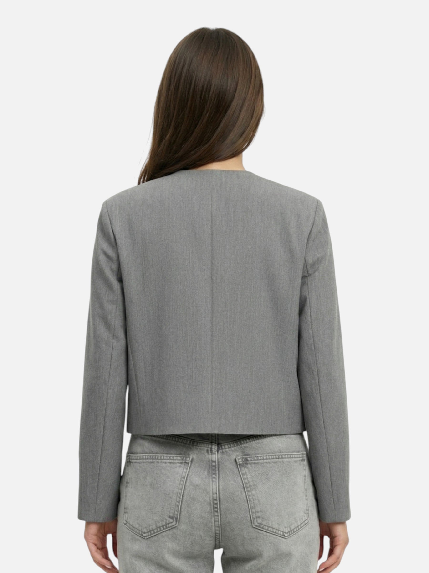 Gray collarless buttoned women's blazer with short elegant cut