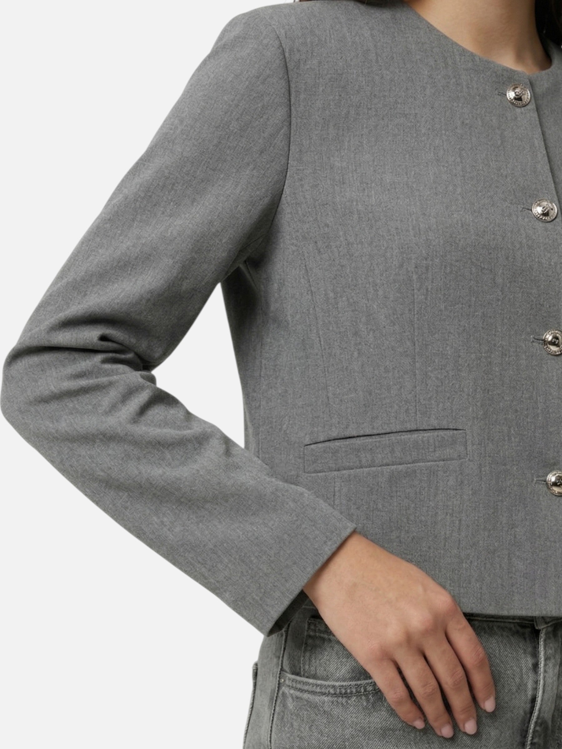 Gray collarless buttoned women's blazer with short elegant cut