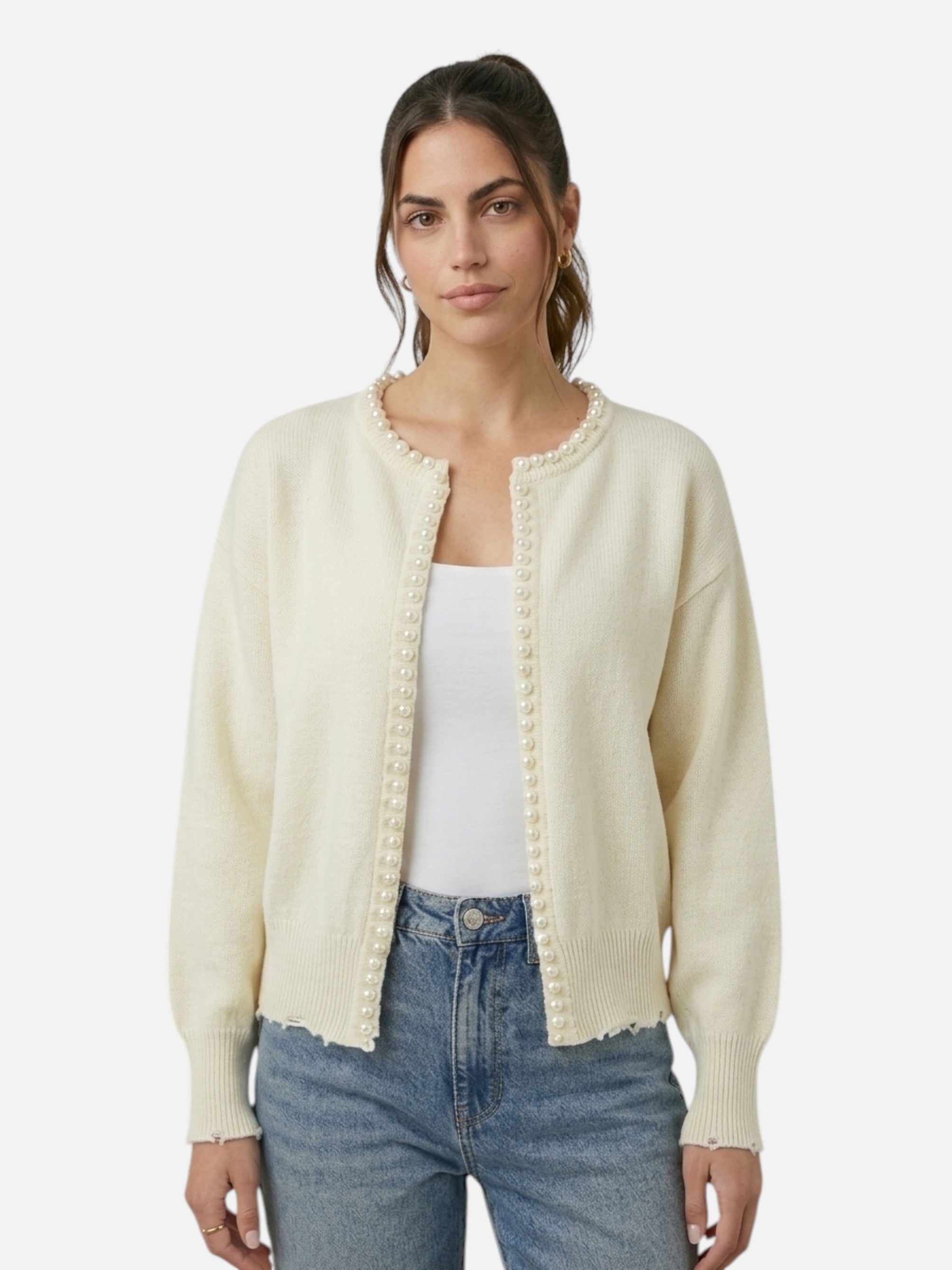 Cardigan élégant à perles col rond pour femme