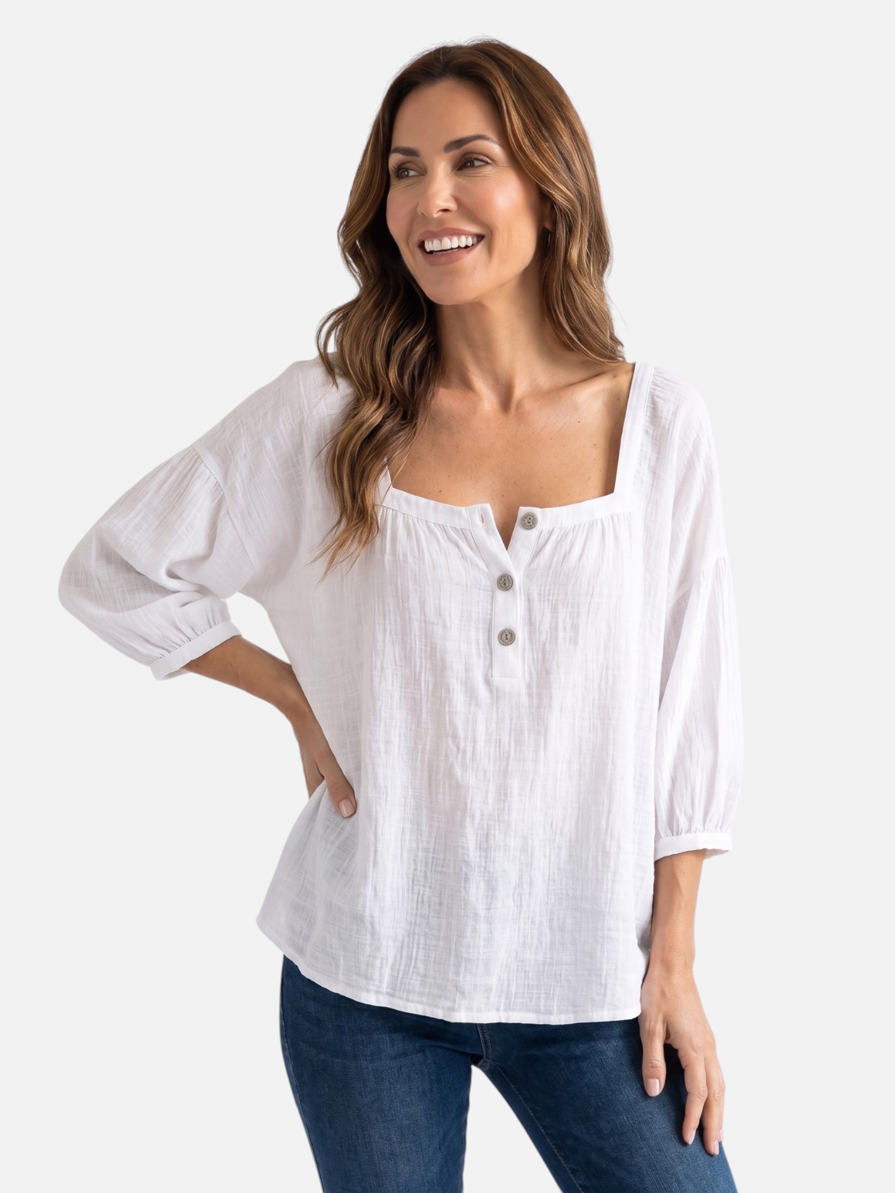 Blouse Femme en Lin Col Carré Manches Bouffantes