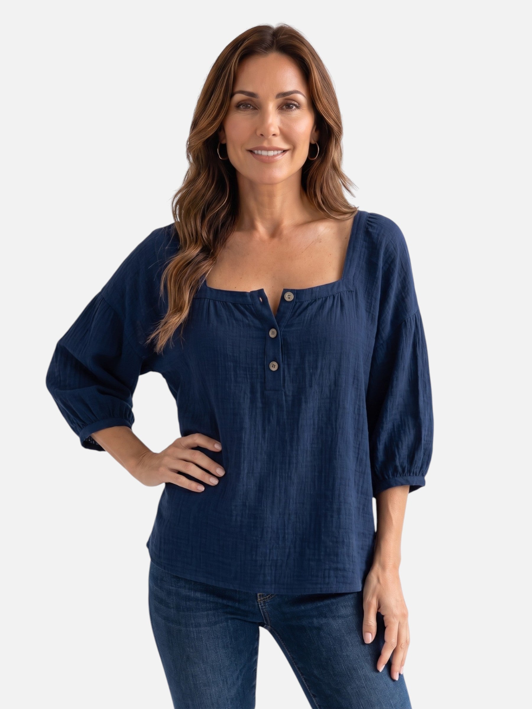 Blouse Femme en Lin Col Carré Manches Bouffantes