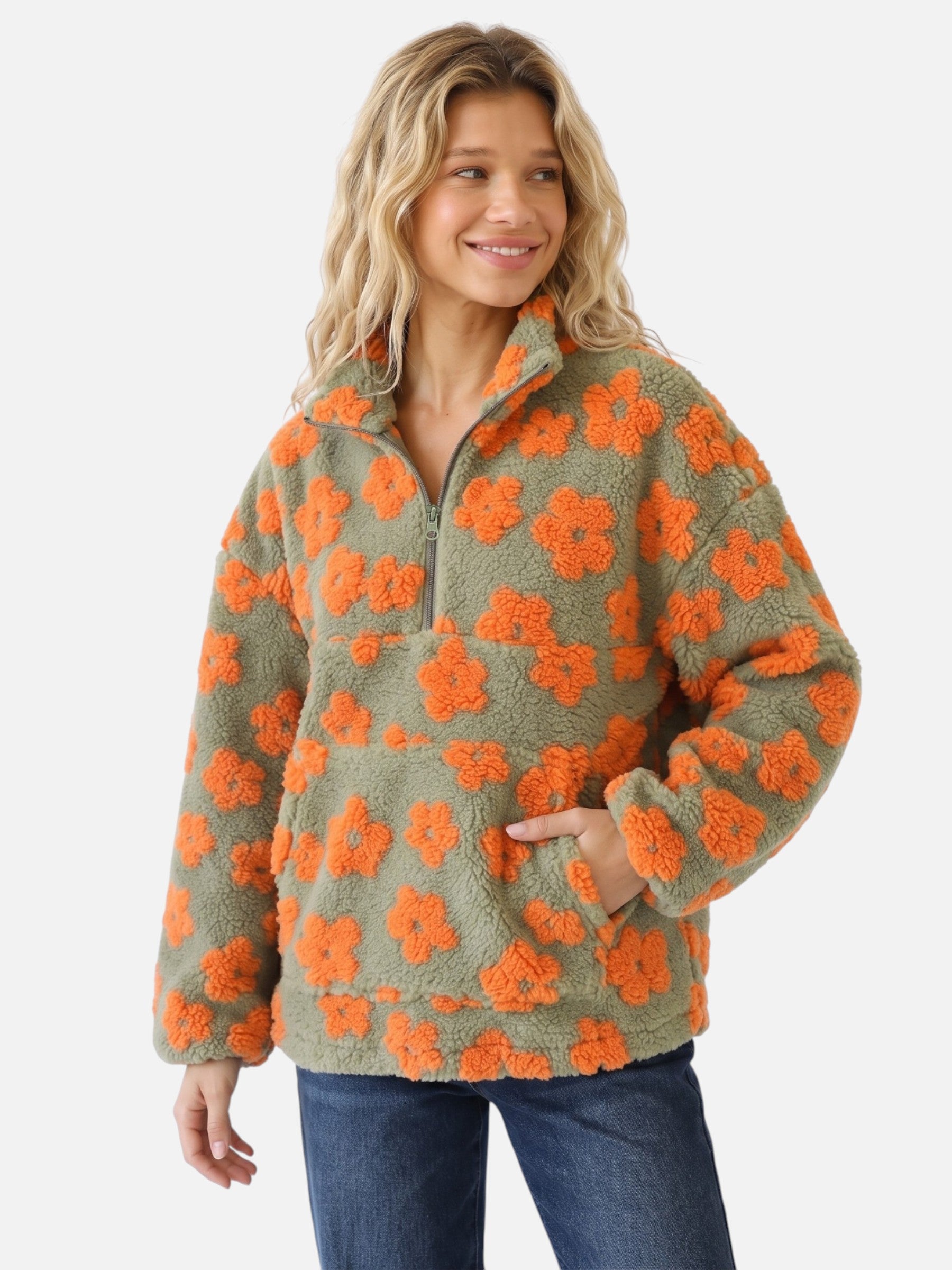 Polaire Sherpa Femme à Fleurs Demi-Zip