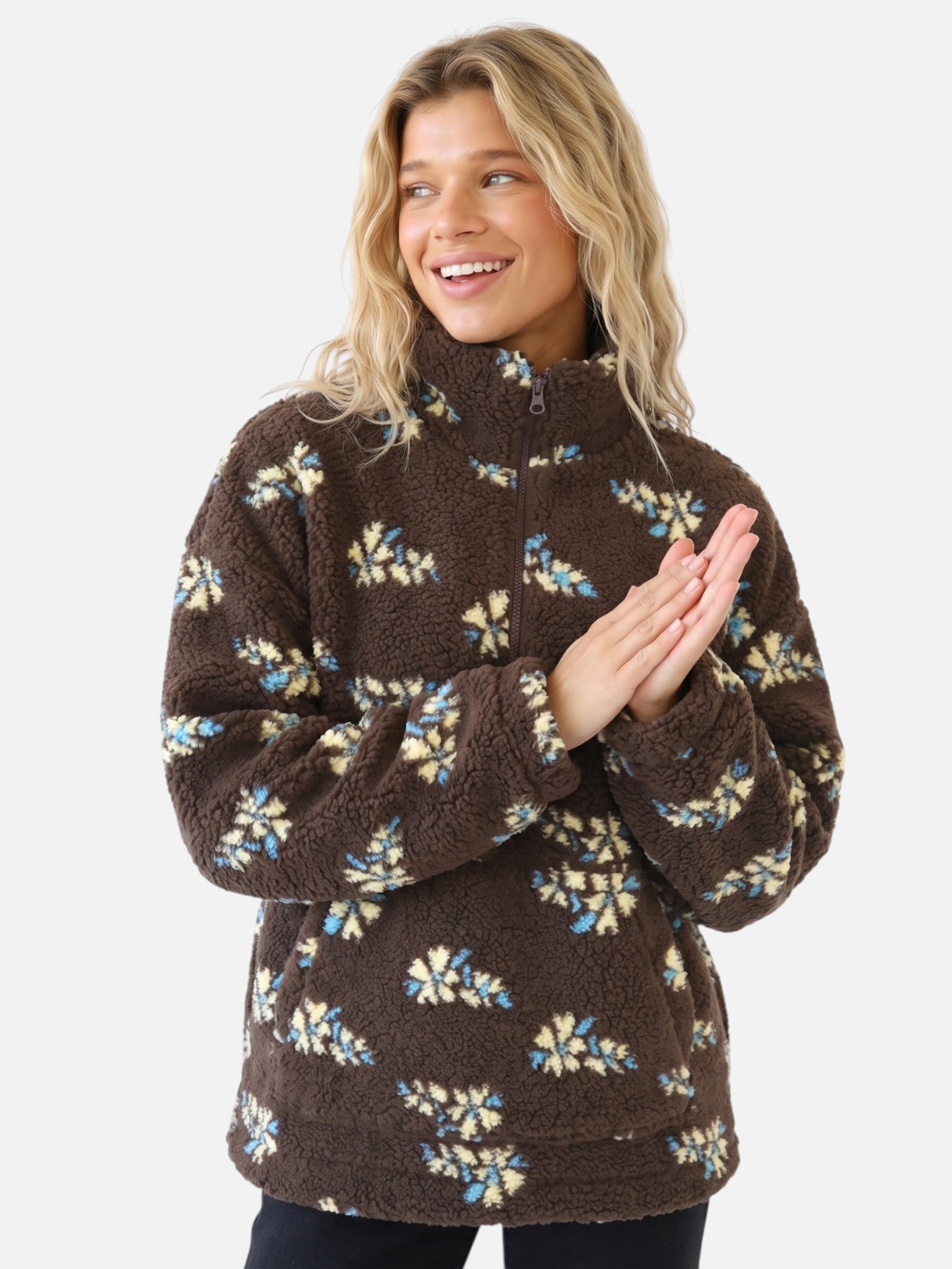 Polaire Sherpa Femme à Fleurs Demi-Zip