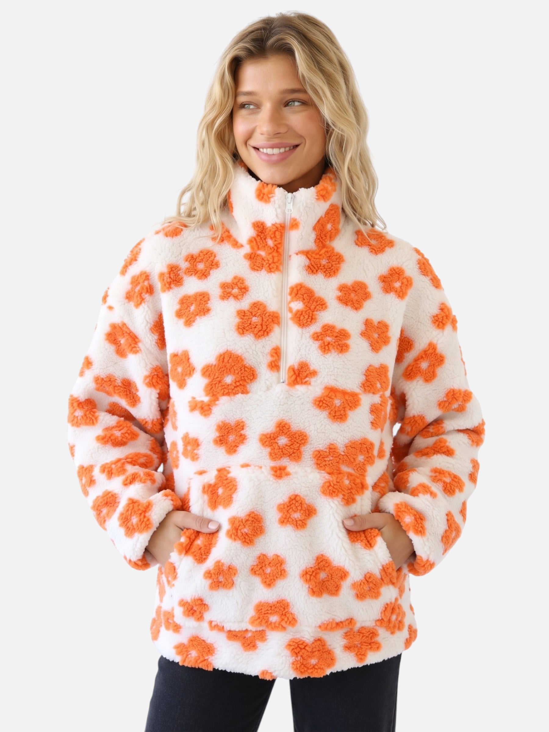 Polaire Sherpa Femme à Fleurs Demi-Zip