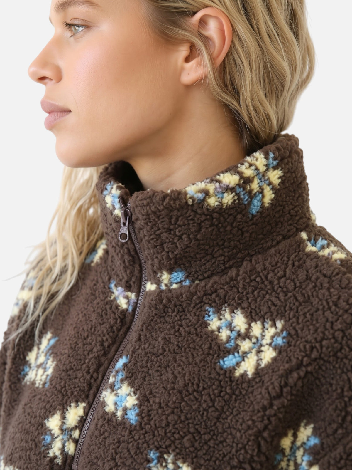 Polaire Sherpa Femme à Fleurs Demi-Zip