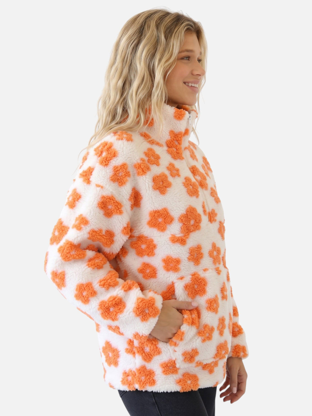 Polaire Sherpa Femme à Fleurs Demi-Zip