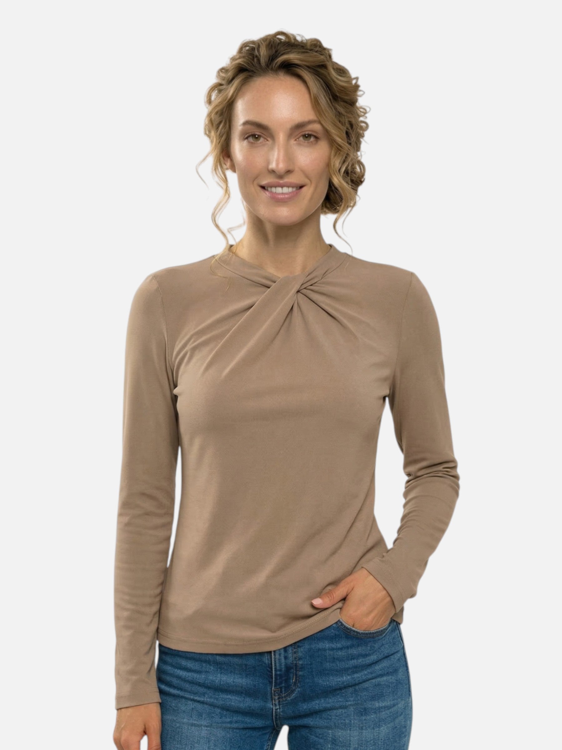 Top con cuello drapeado y torcido, mangas largas para mujer