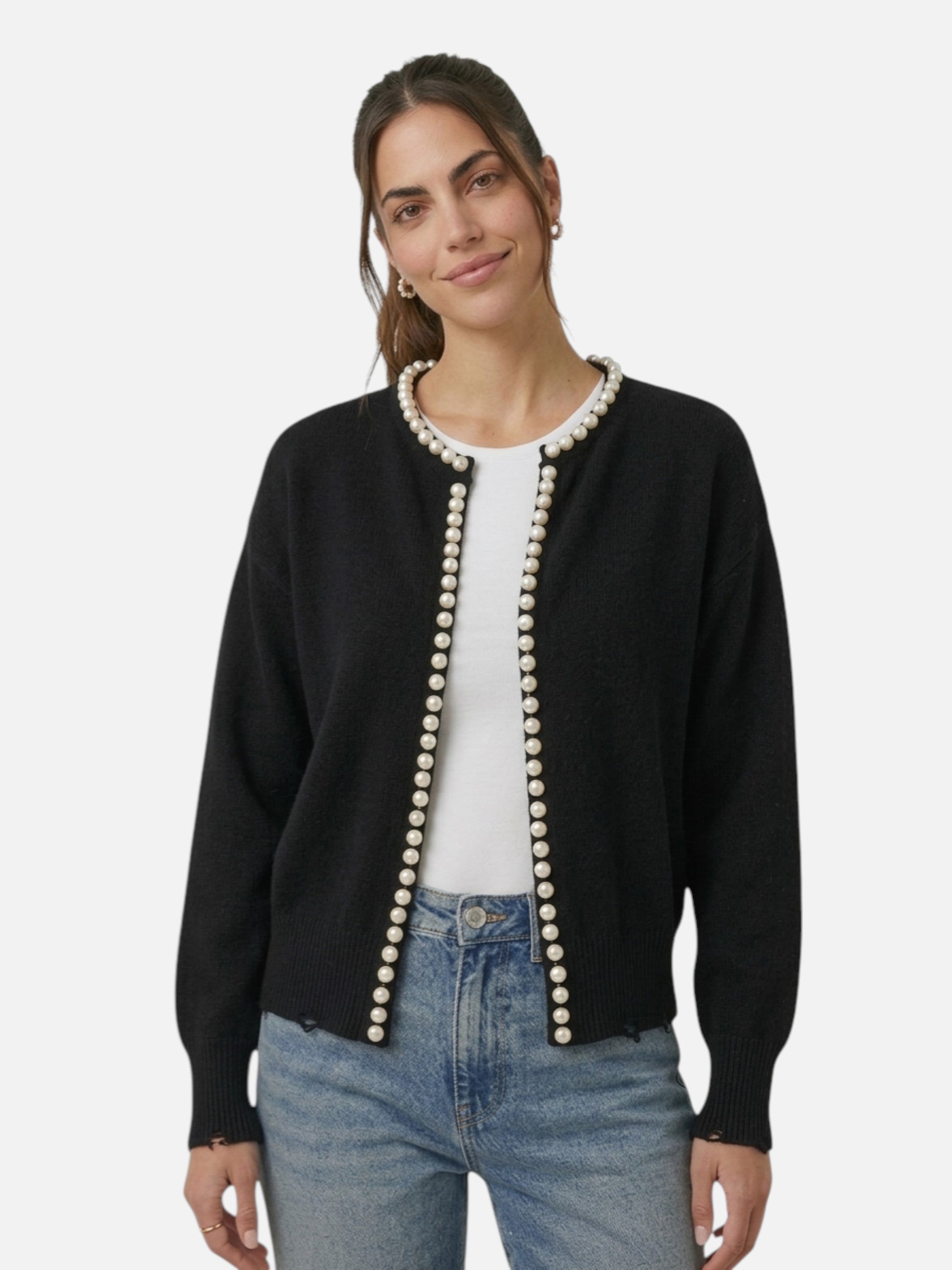 Cardigan élégant à perles col rond pour femme