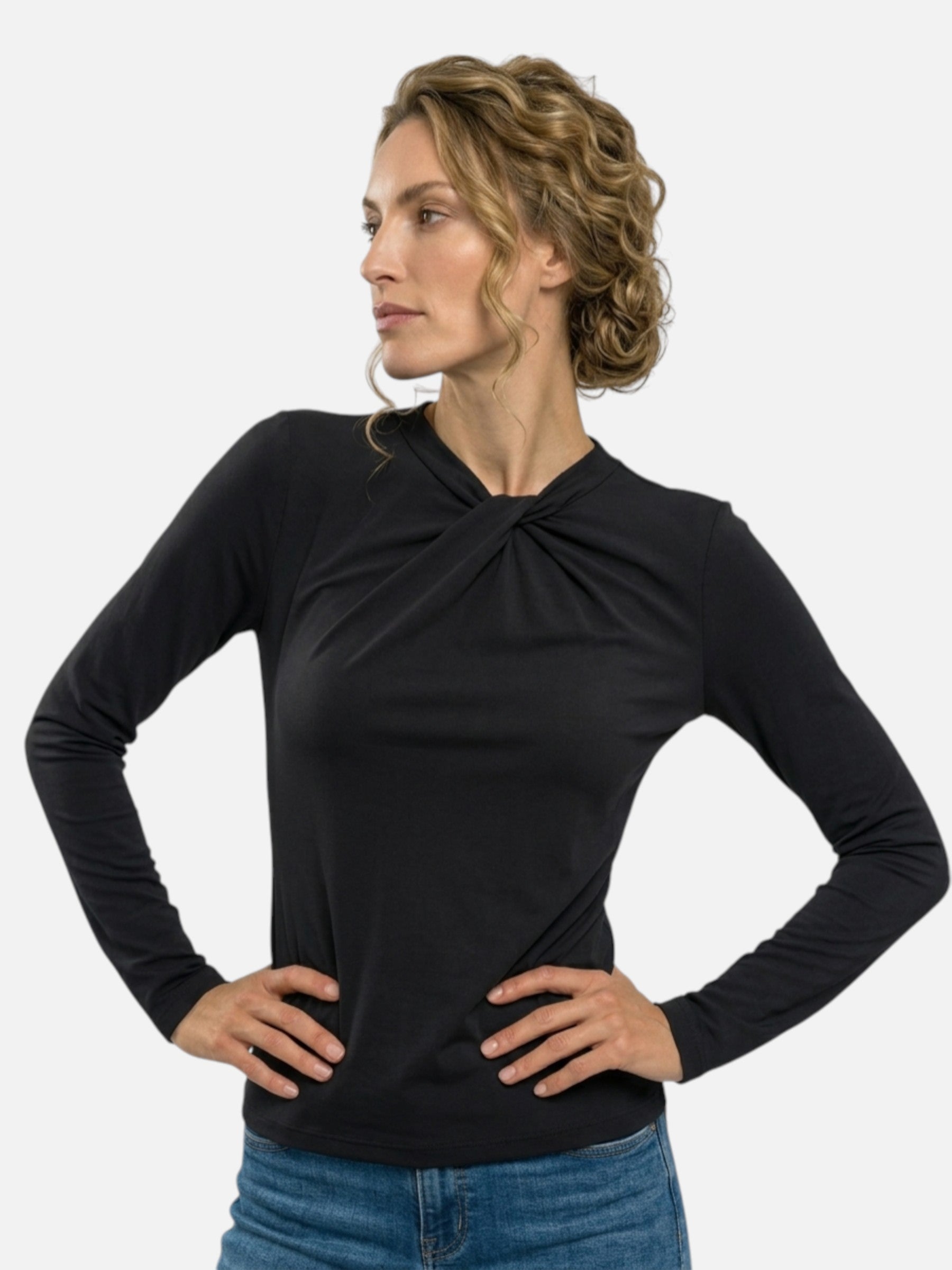 Top con cuello drapeado y torcido, mangas largas para mujer