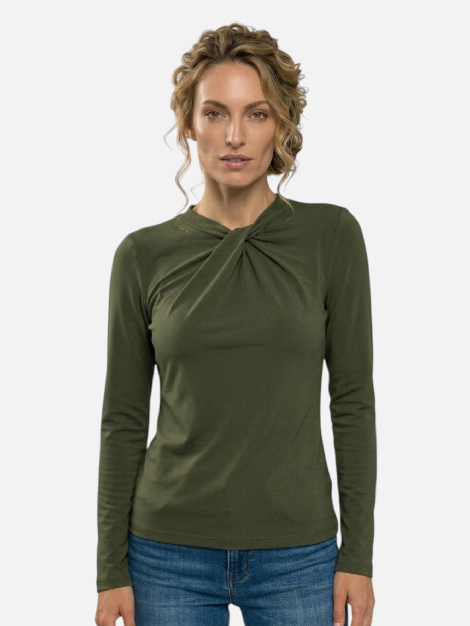 Top à col drapé torsadé à manches longues pour femme